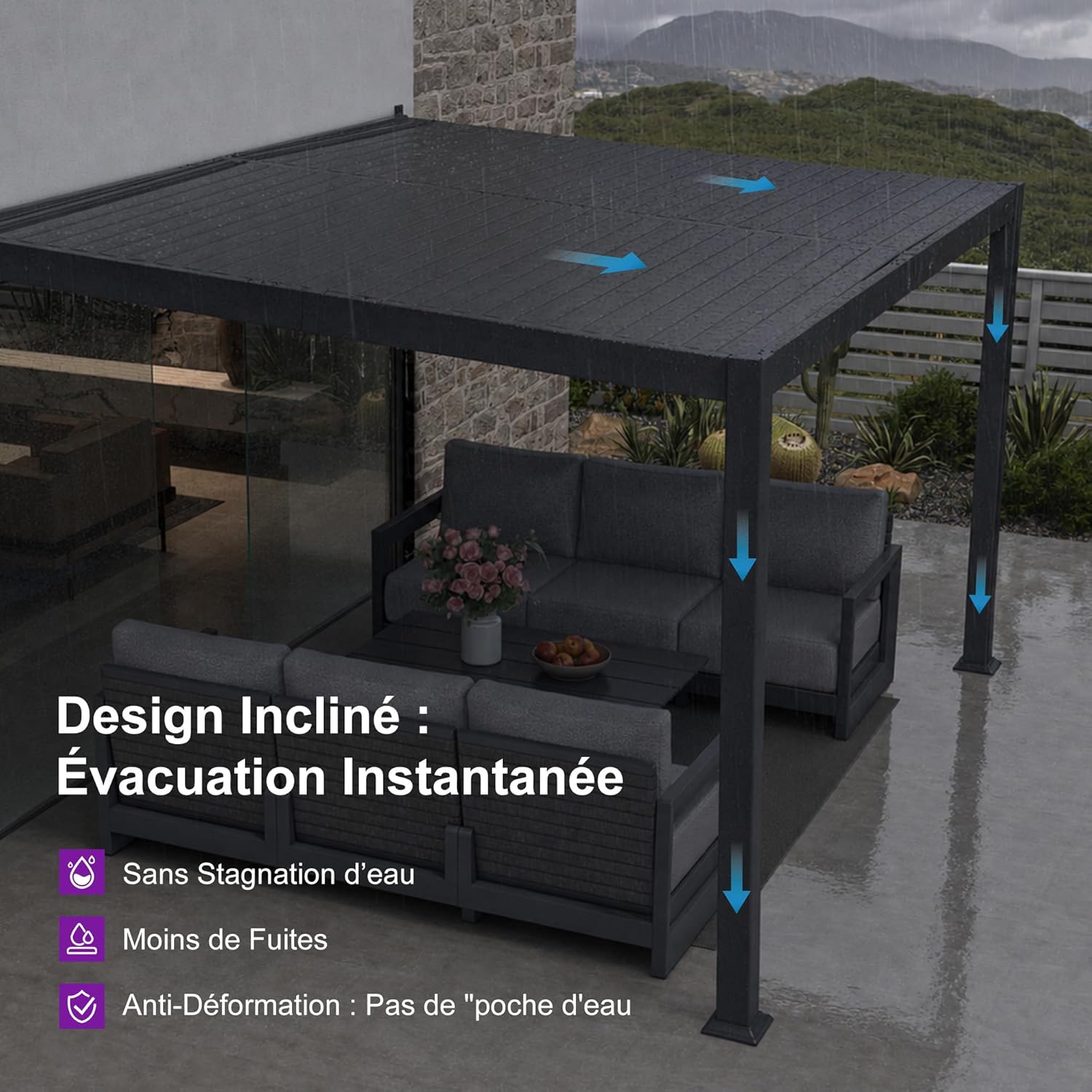 jardinito - Pergola bioclimatique adossée - 3x4,25m - aluminium, lames orientables, résistante UV et pluie
