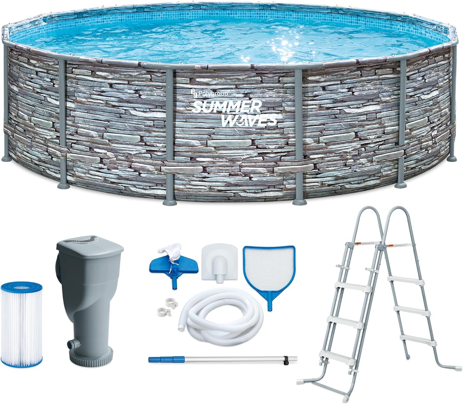 jardinito - Frame Pool Kit rond - 427x107 cm - aspect pierre grise, pompe à filtre