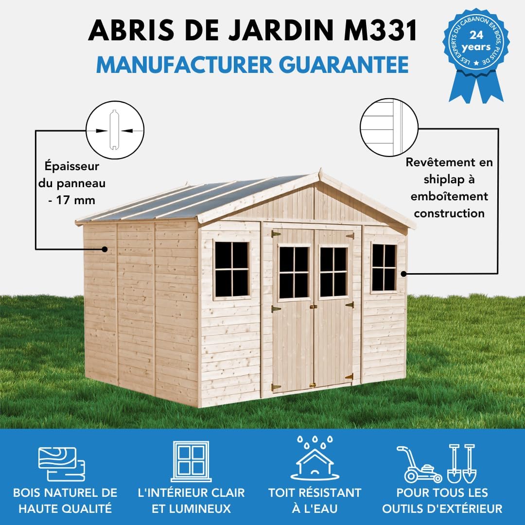 Abri de Jardin en Bois Exterieur avec Plancher IMPRÉGNÉ- Chalet en Pin/épicéa-H246x418x320 cm/12 m²- Construction de Panneaux - Rangement pour vélos, Remise à Outils- jardinito M331+M331G