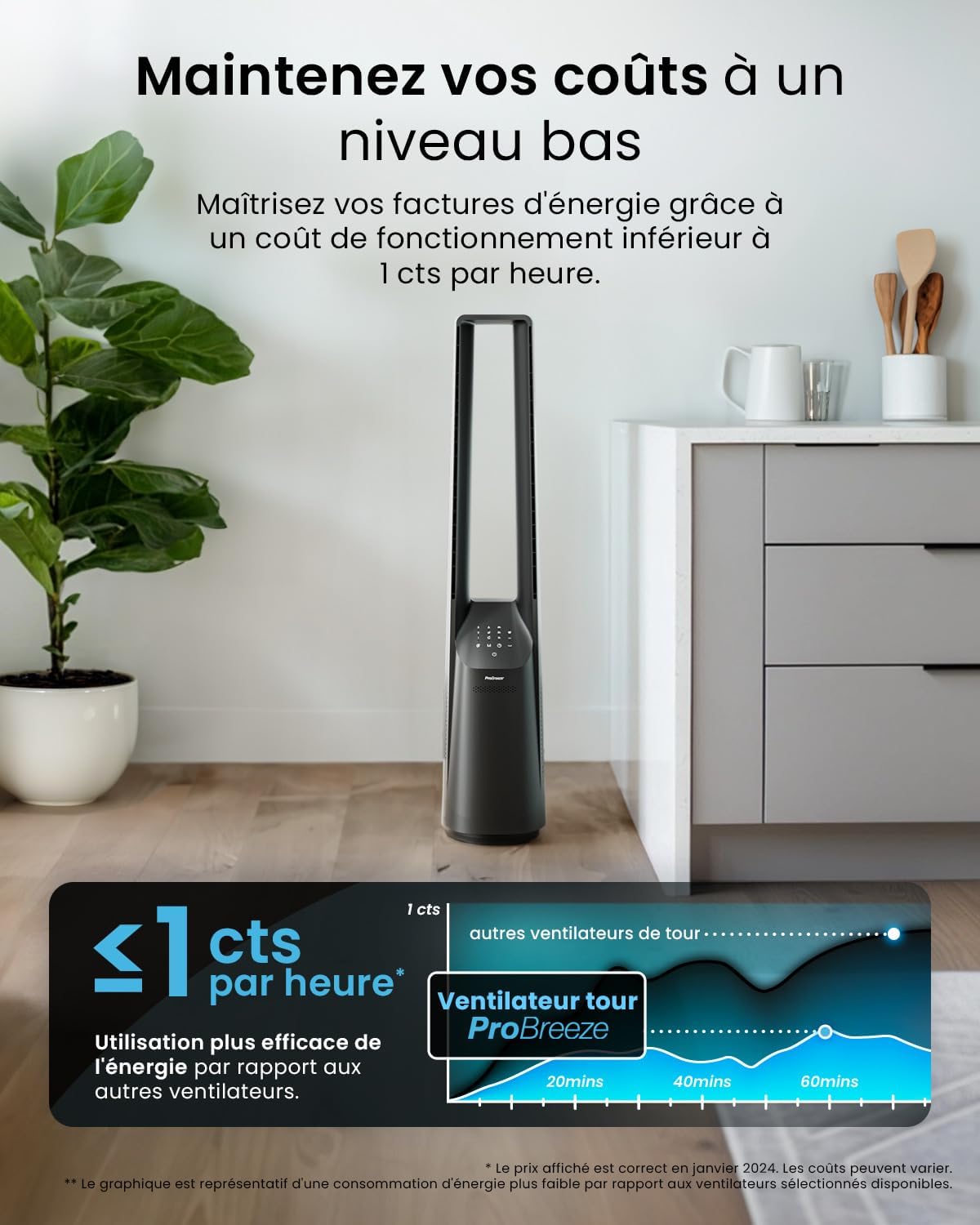 jardinito Ventilateur Colonne Sans Pale - Ventilateur Tour Silencieux, Hauteur 101 cm avec 6 Vitesses, Oscillation 60°, Ventilateur Sans Lame Rafraichisseur d'Air Bladeless Noir