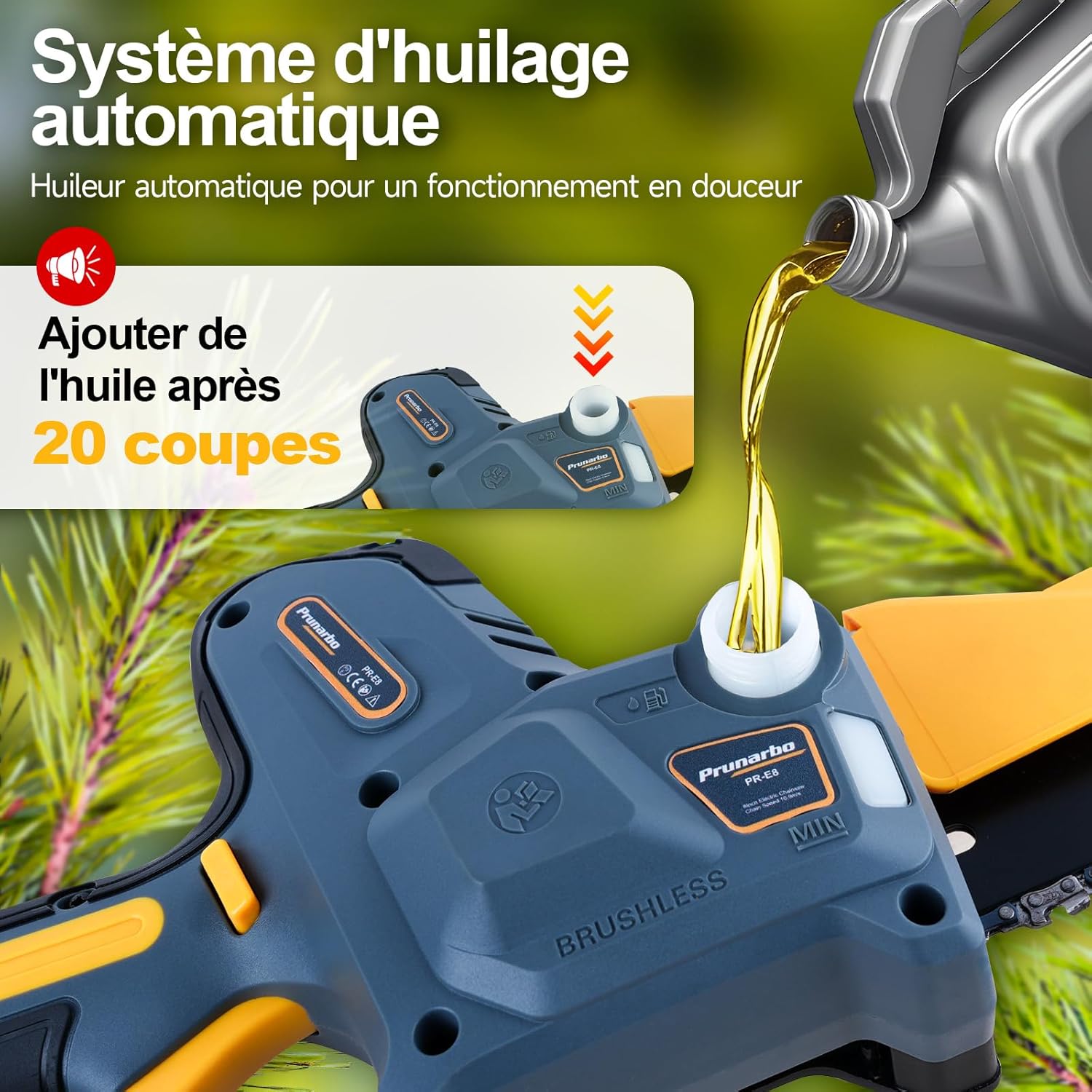 Mini tronçonneuse sur batterie 8 pouces, 800W, 2x4.0Ah, Brushless PR-E8
