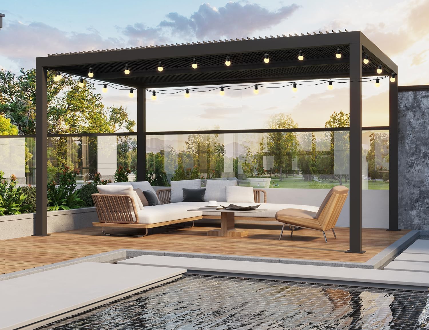 jardinito - Pergola bioclimatique série aluminium - 4,6x3,3 m - lames orientables, éclairage intégré