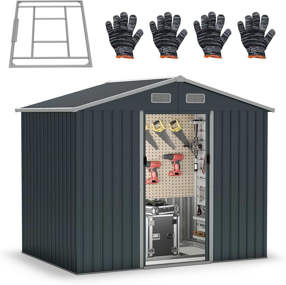 jardinito Abri de Jardin en Métal avec Toit à Pignon, 235 x 171 x 196 cm, 7,95 m³, Cabane de Jardin avec 2 Portes Coulissantes, 2 Fenêtres et Fondation, abri à Outils Extérieur, Haute Résistance