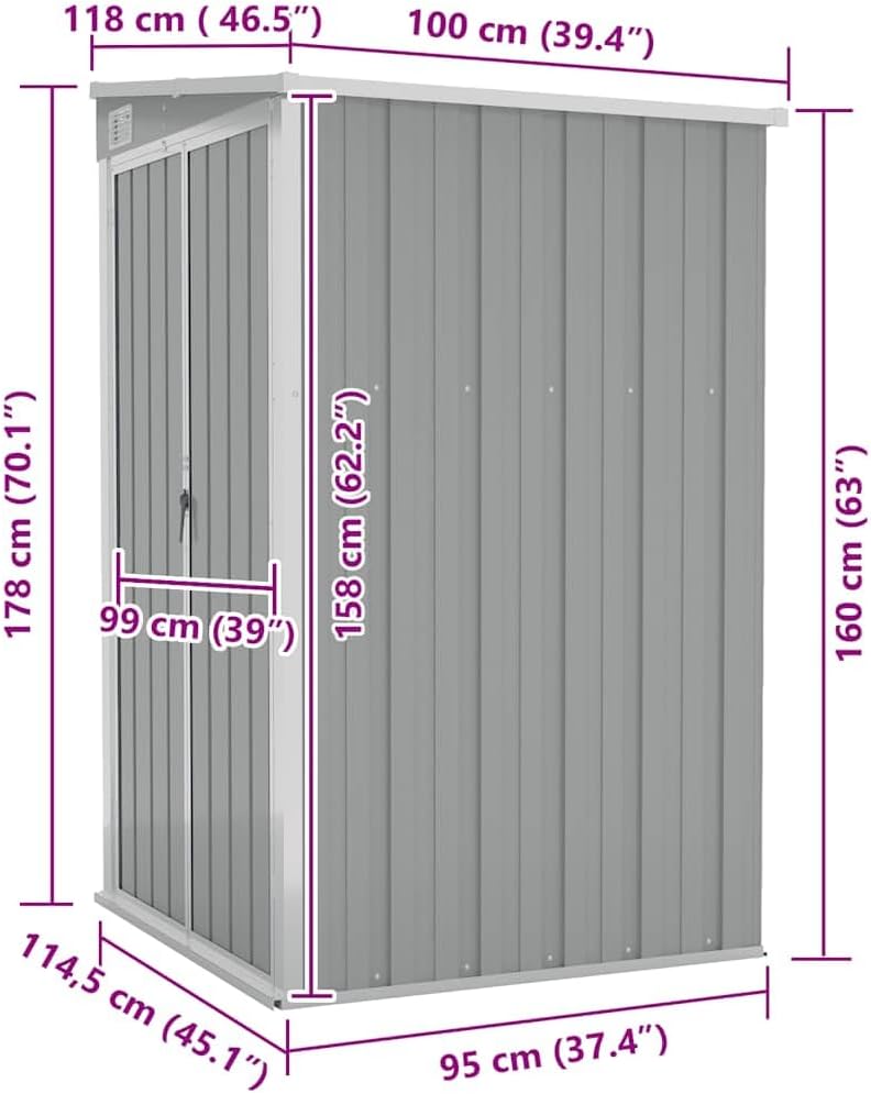 jardinito Remise de Jardin Murale Gris 118x100x178 cm Acier galvanisé,Structures extérieures, Cabanes & abris de Jardin,316218