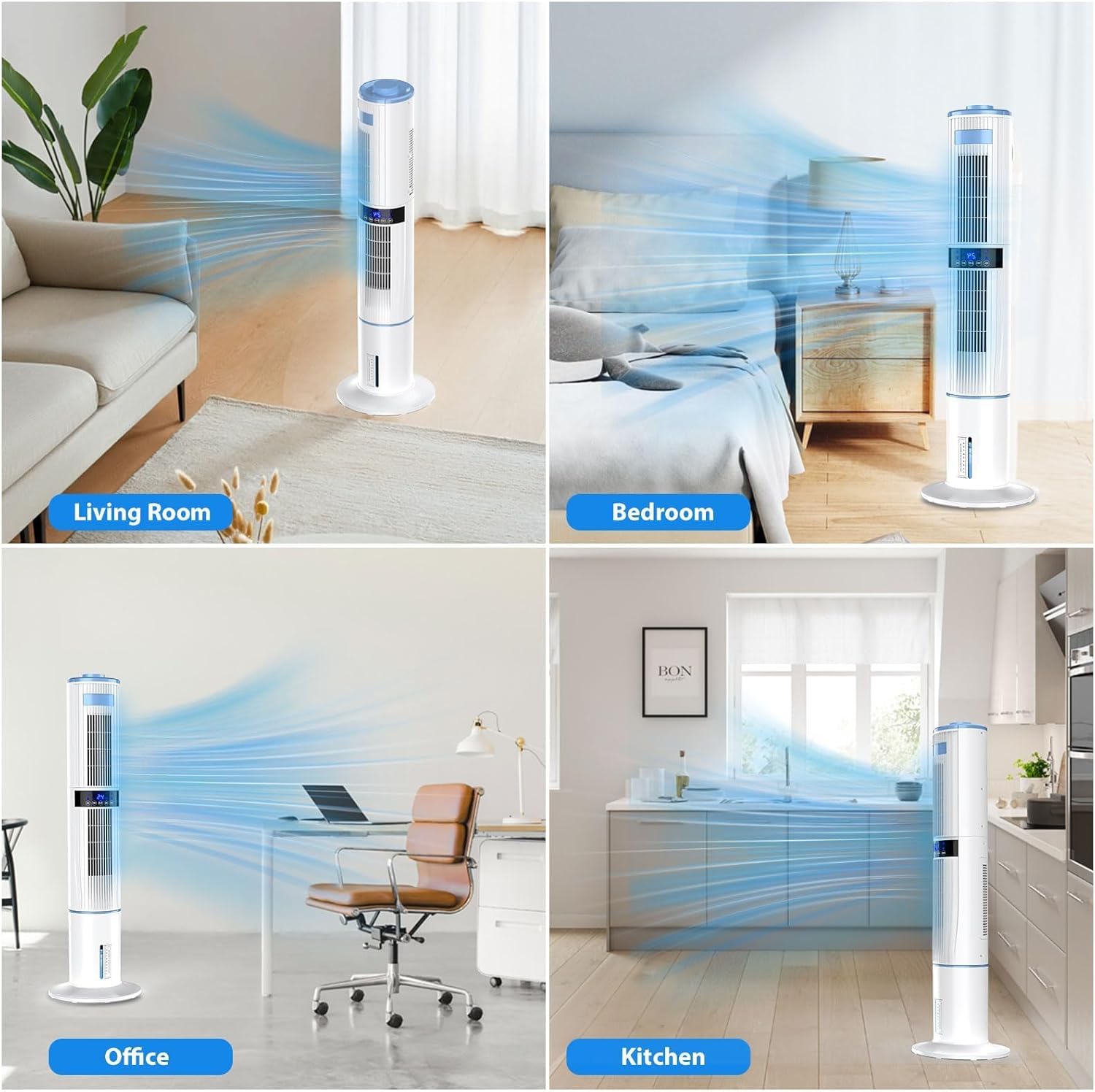 Climatiseur Mobile Silencieux Portable Rafraîchisseur d'air 360° Oscillation, Sortie d'air Double, 24H Minuteries, 65W, 4 Modes et 3 Vitesses avec Télécommande pour Chambre, Bureau, Cuisine