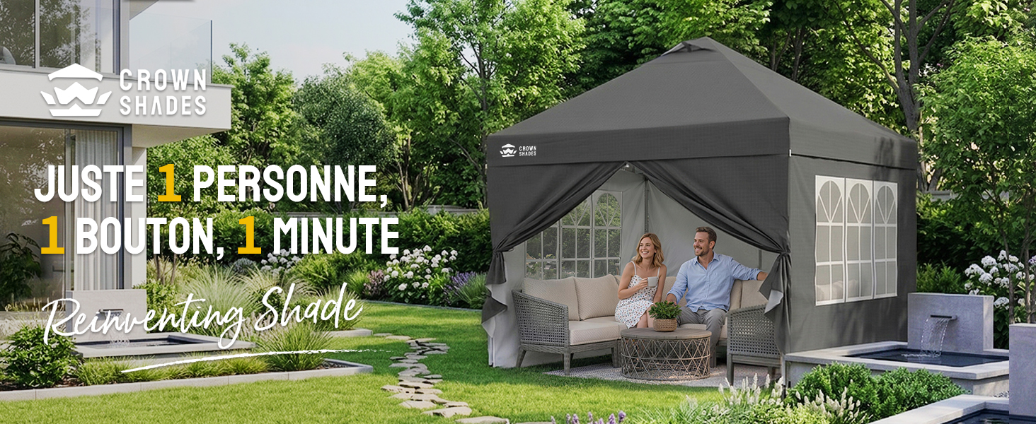 Le texte indique « JUSTE 1 PERSONNE », « 1 BOUTON, 1 MINUTE ». Images marketing montrant un auvent extérieur rétractable ou un système d'ombrage dans un jardin.