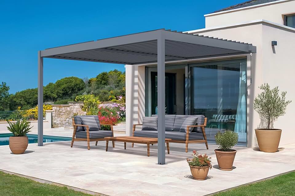 jardinito - Piana - pergola adossée 4x3m alu gris, 3 persiennes brise-vue