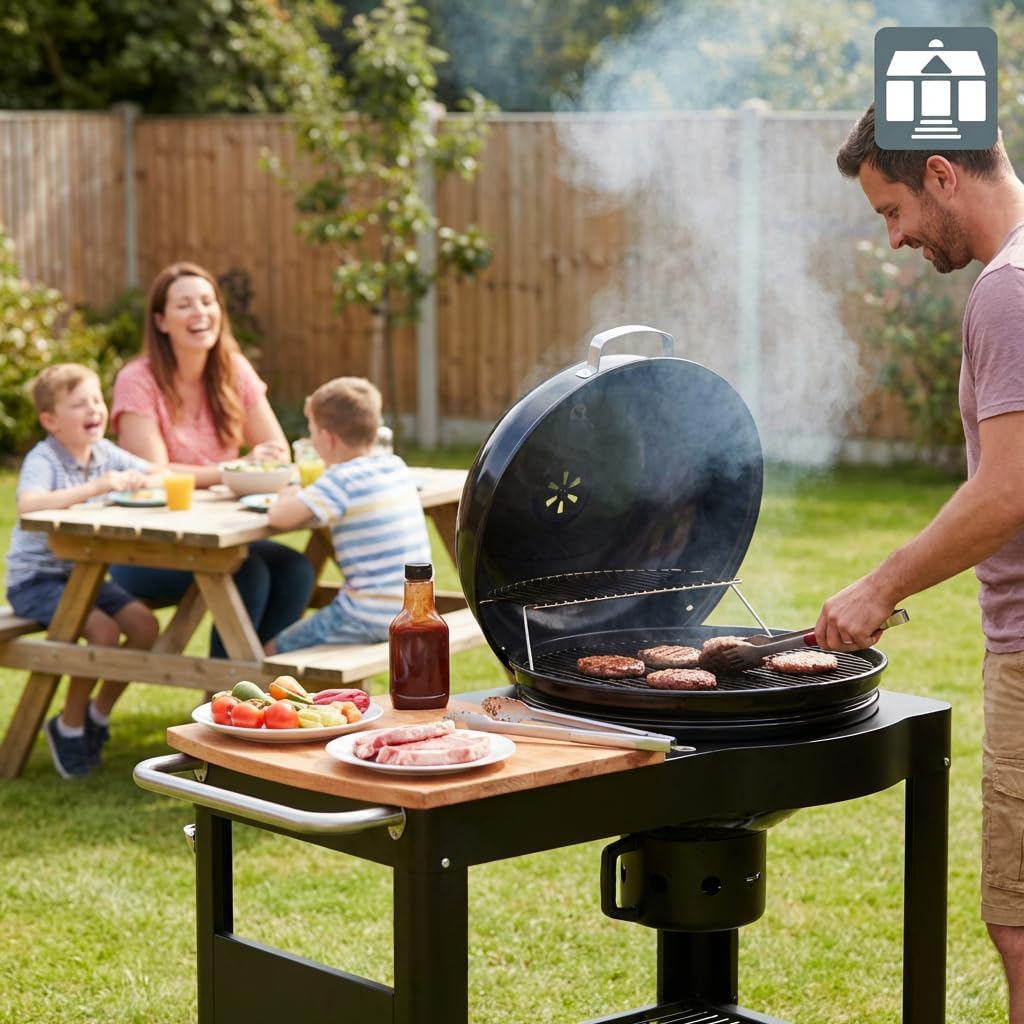jardinito - Barbecue Calgary - acier/bois - couvercle thermomètre, tablettes, 2 roues, noir