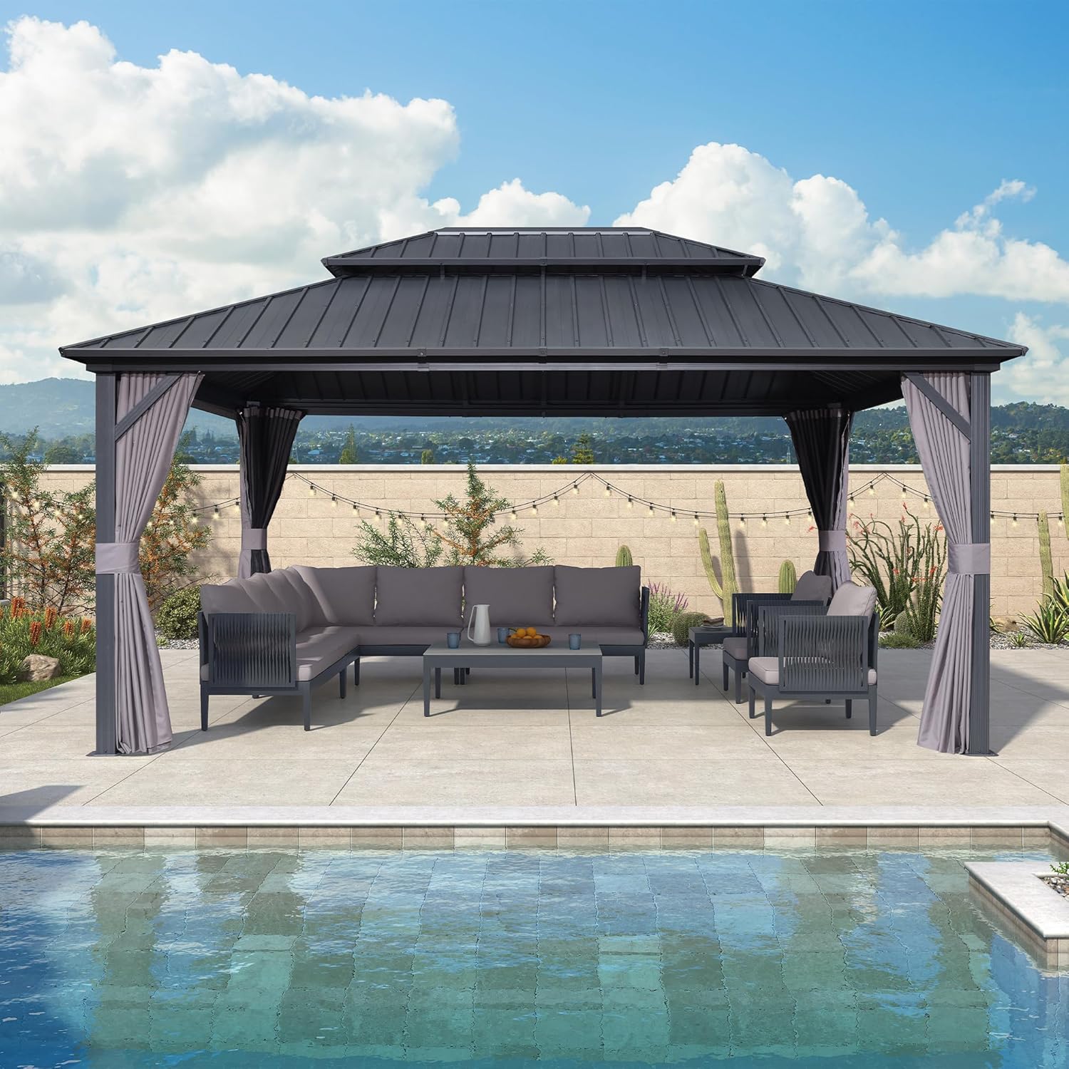 jardinito - pergola série double toit - 4,85x3,65 m - alu acier, rideaux, moustiquaire