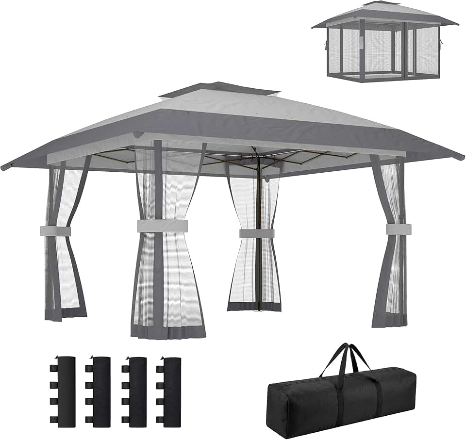 jardinito Tonnelle de Jardin 4 x 4 m Pop up Tente Pliante réglable en Hauteur Protection UV30+ tonnelle Pliante avec Double Toit 4 parois en Maille 4 Sacs de Sable Sac de Transport Montage Facile Gris
