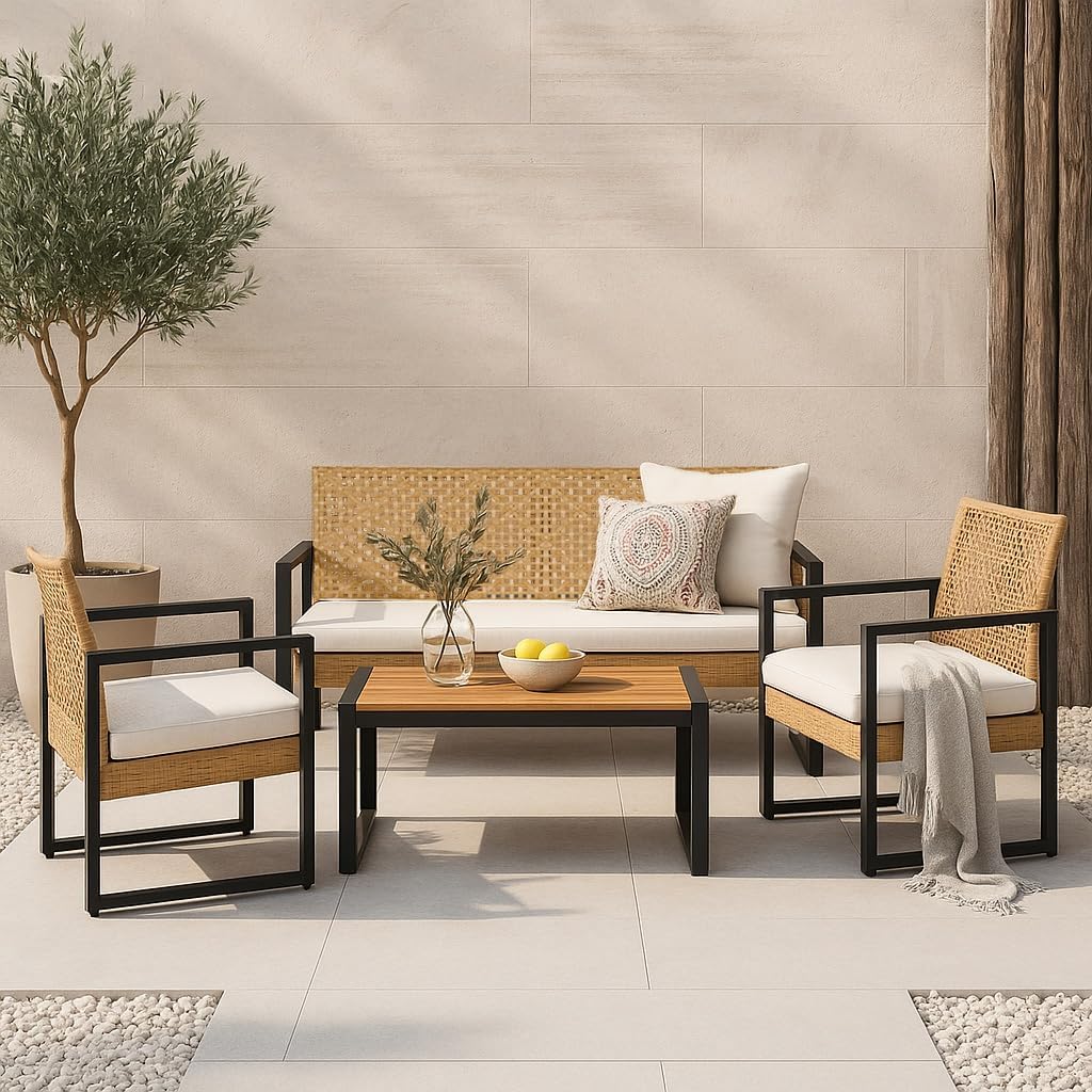 jardinito - Salon de jardin 4 pièces, acier/acacia, 2 chaises + banc, beige/naturel
