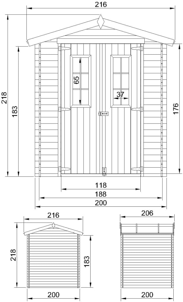 Abri de Jardin en Bois - Stockage extérieur I216xL206xH218 cm/ 3.53 m2 Petit abri à Outils, Local à vélos - Toit imperméable, fenêtres jardinito M343C