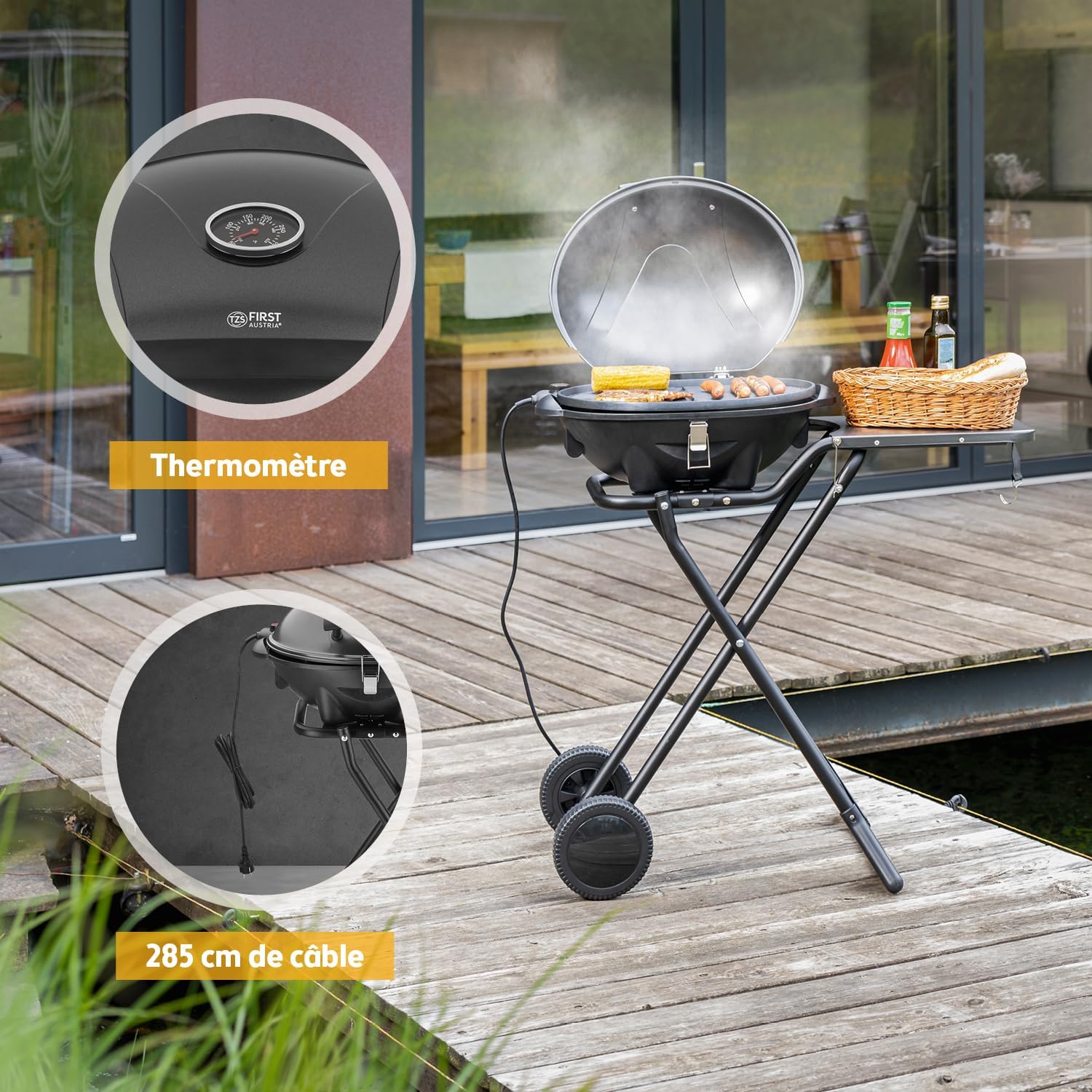 jardinito - Barbecue 2-en-1 pliable 2400W, couvercle, chariot, thermomètre - TZSFA5350-6