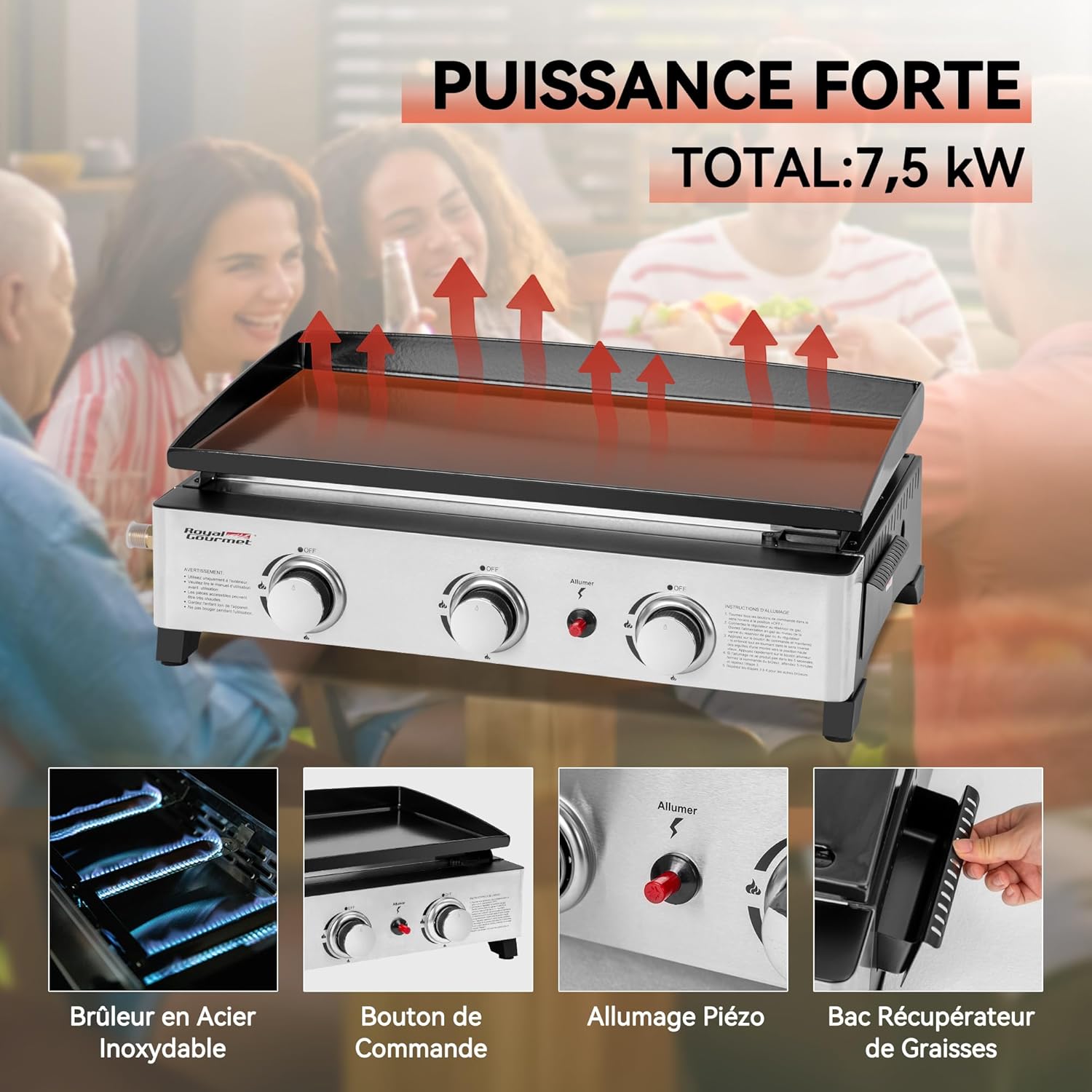 jardinito - Plancha Gaz 3 brûleurs - 62x35,5 cm - acier émaillé, portable, 7.5kW