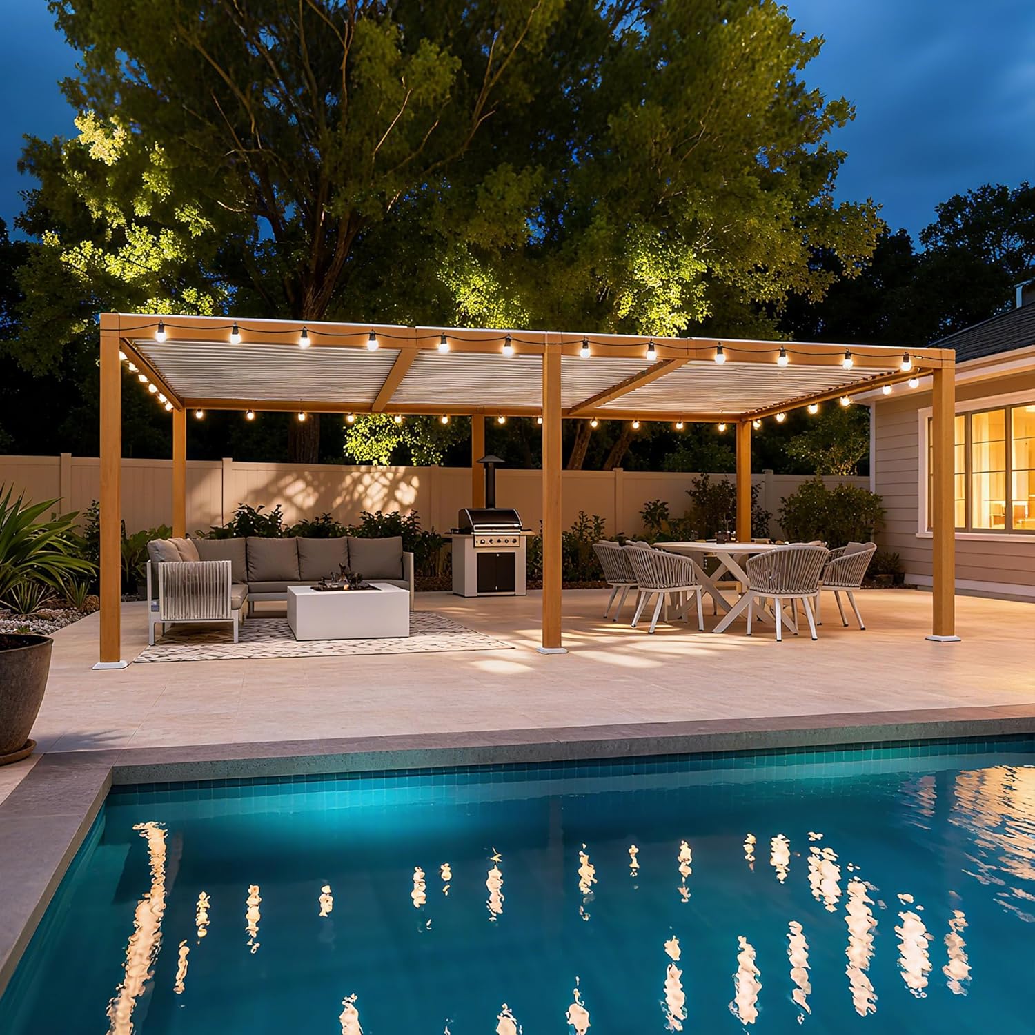 jardinito - Pergola effet bois - 3.5x6.35m - LED, lames orientables, étanche