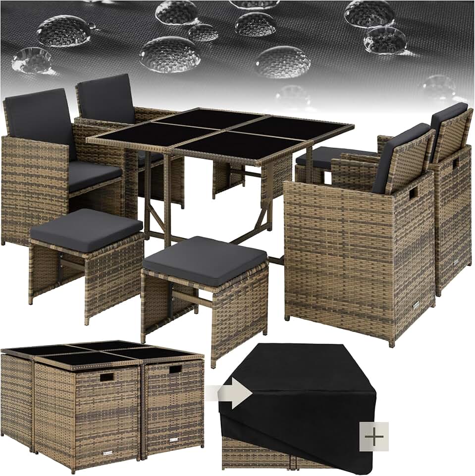 jardinito - Salon de jardin polyrotin, 4 chaises, 4 tabourets, table, housse, marron