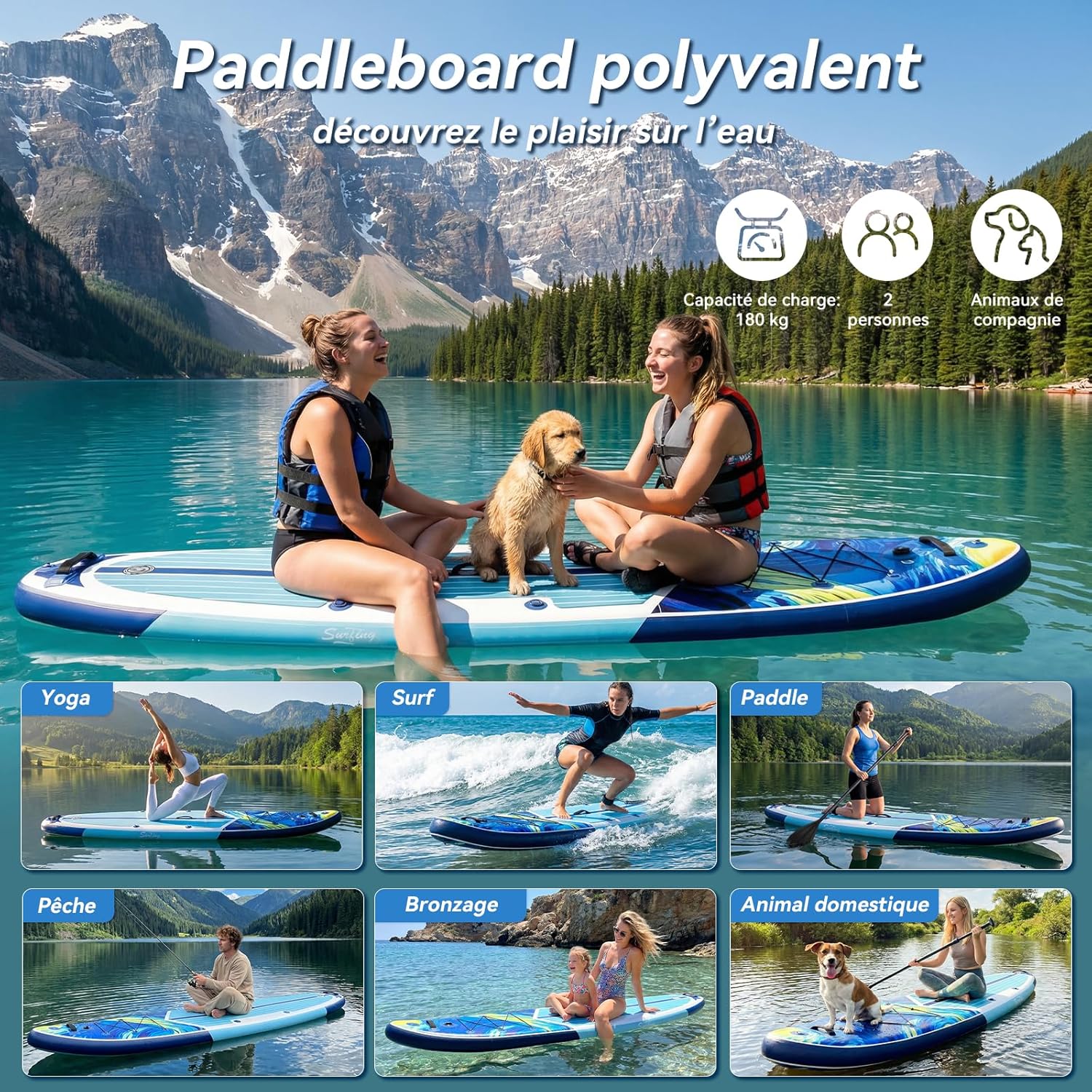 jardinito - Paddle gonflable adulte 320/335cm - 2 personnes, siège kayak, pagaie, support caméra, 150kg