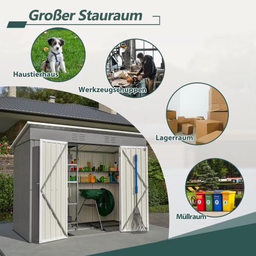 Abri de jardin en métal 229x111 cm – Gris, résistant aux intempéries avec cadre de fondation et porte verrouillable, pour vélos et outils, remise 8x4 pi