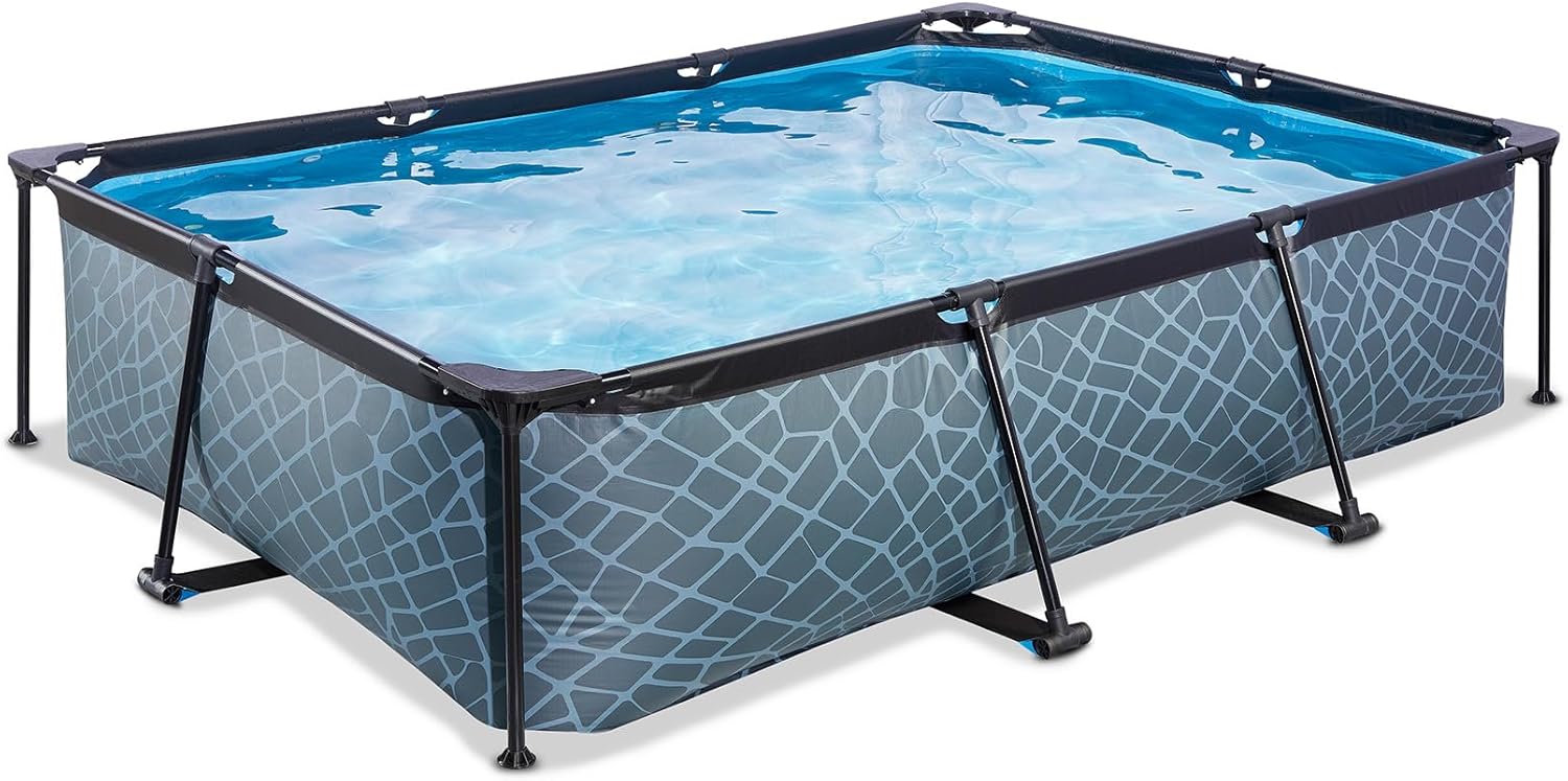 jardinito Piscine Stone - 300x200x65cm - Piscine Hors Sol Rectangulaire avec Pompe Filtrante à Cartouche - Entrée Basse - Idéal pour Les Jeunes Enfants - Cadre Stable - Design Unique - Gris