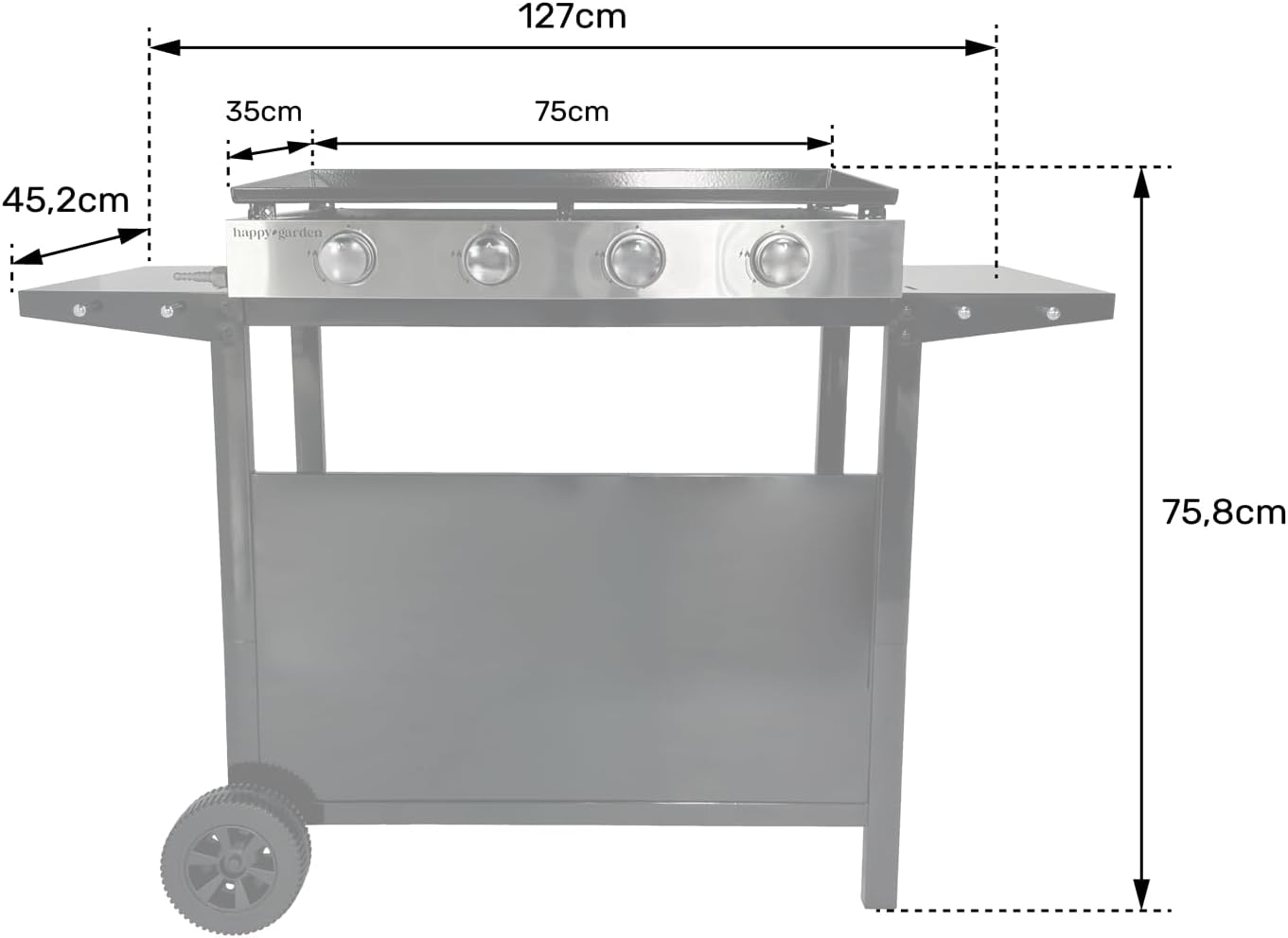 jardinito - Plancha Mérida 4 brûleurs avec chariot - gaz - 78x41 cm