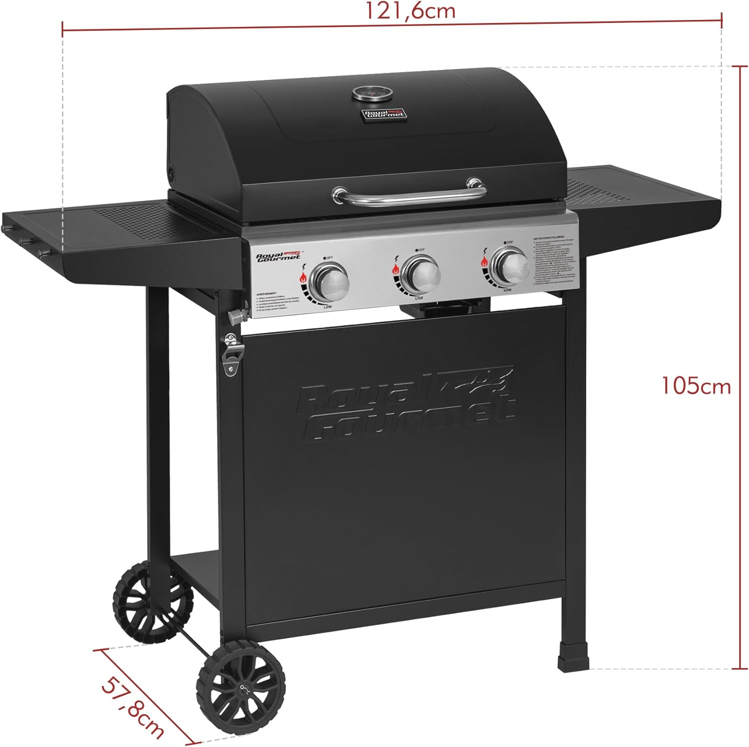 jardinito – BBQ Gaz 3 brûleurs – 9kW – chariot, capot, grilles, jardin
