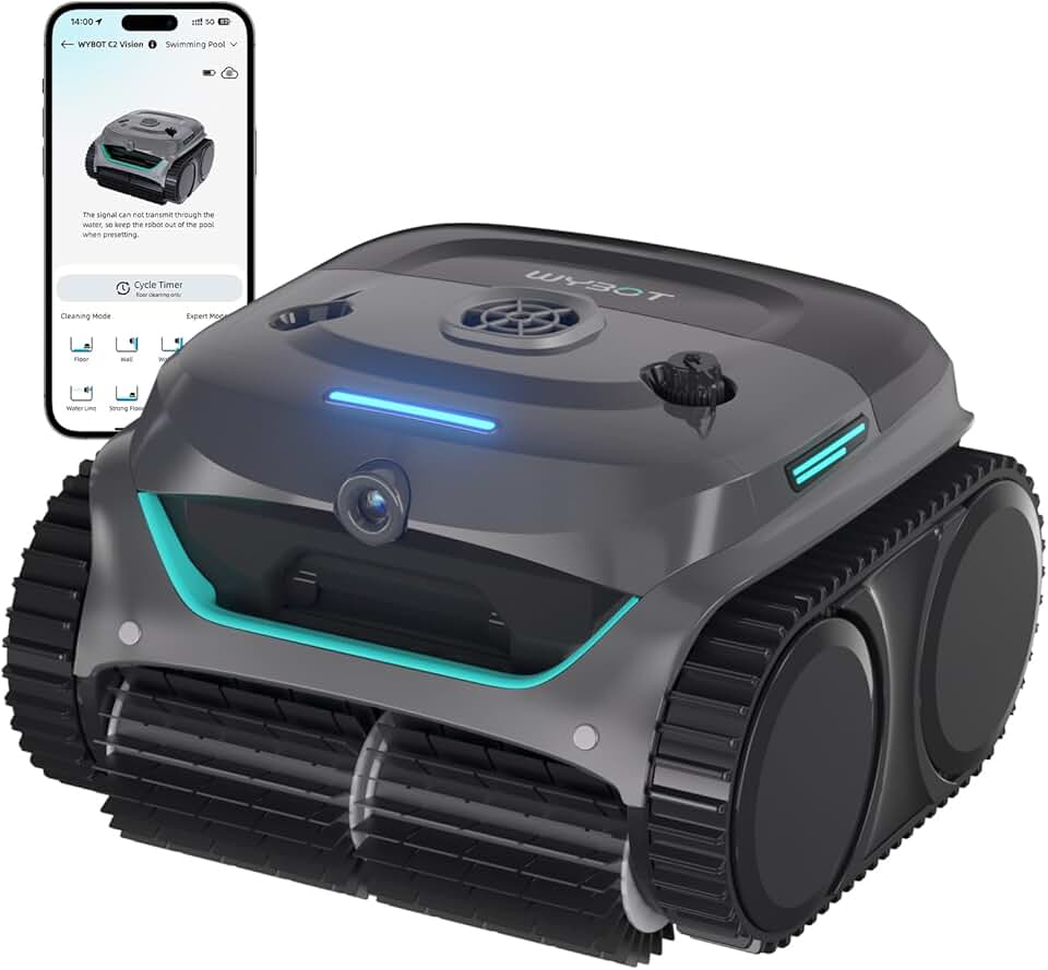 jardinito (Nouveau Modèle) Robot Piscine sans Fil C2 Vision-A avec caméra IA, Filtration Ultra-Fine, Forte Aspiration, Nettoyage Fond/parois & Ligne d’Eau, Navigation Intelligente – Bleu-Vert Gris