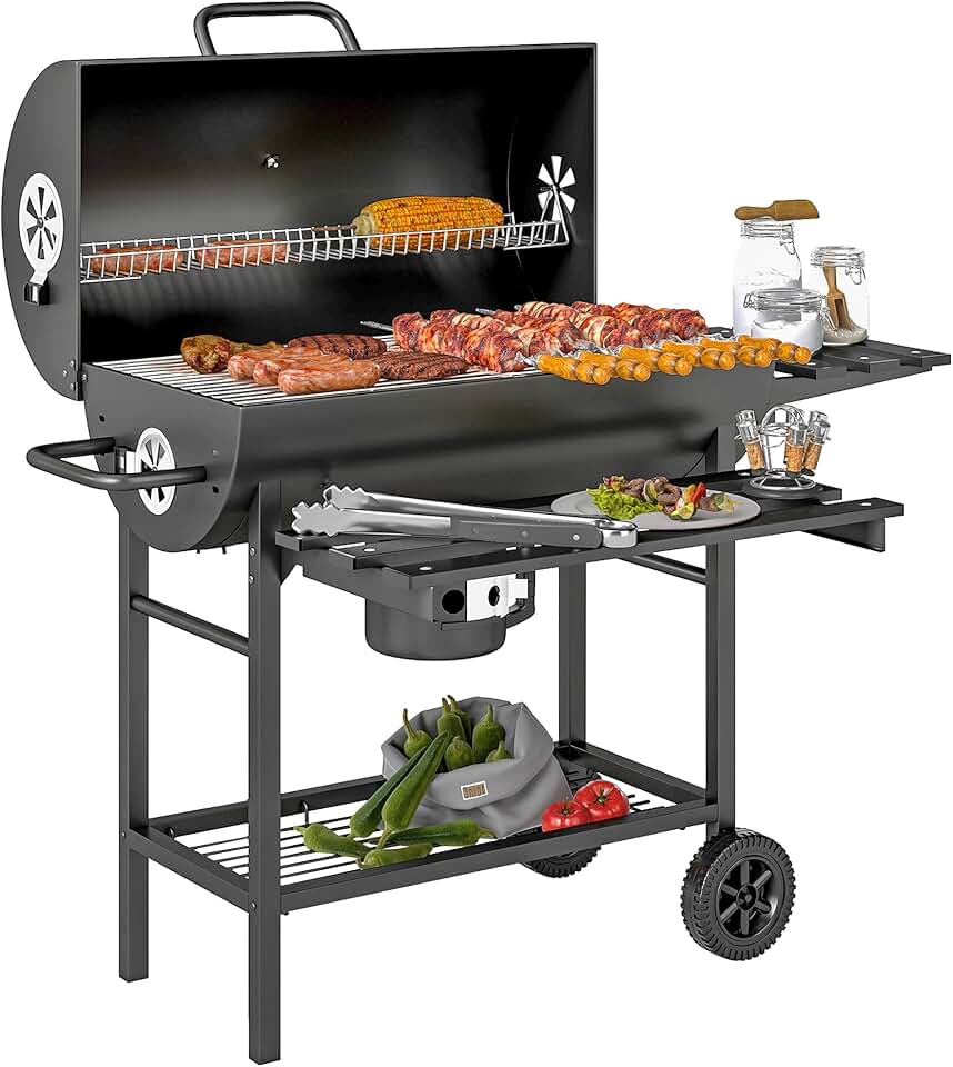 jardinito - barbecue charbon de bois - grande taille - grille, couvercle thermomètre, roues, tablette pliable
