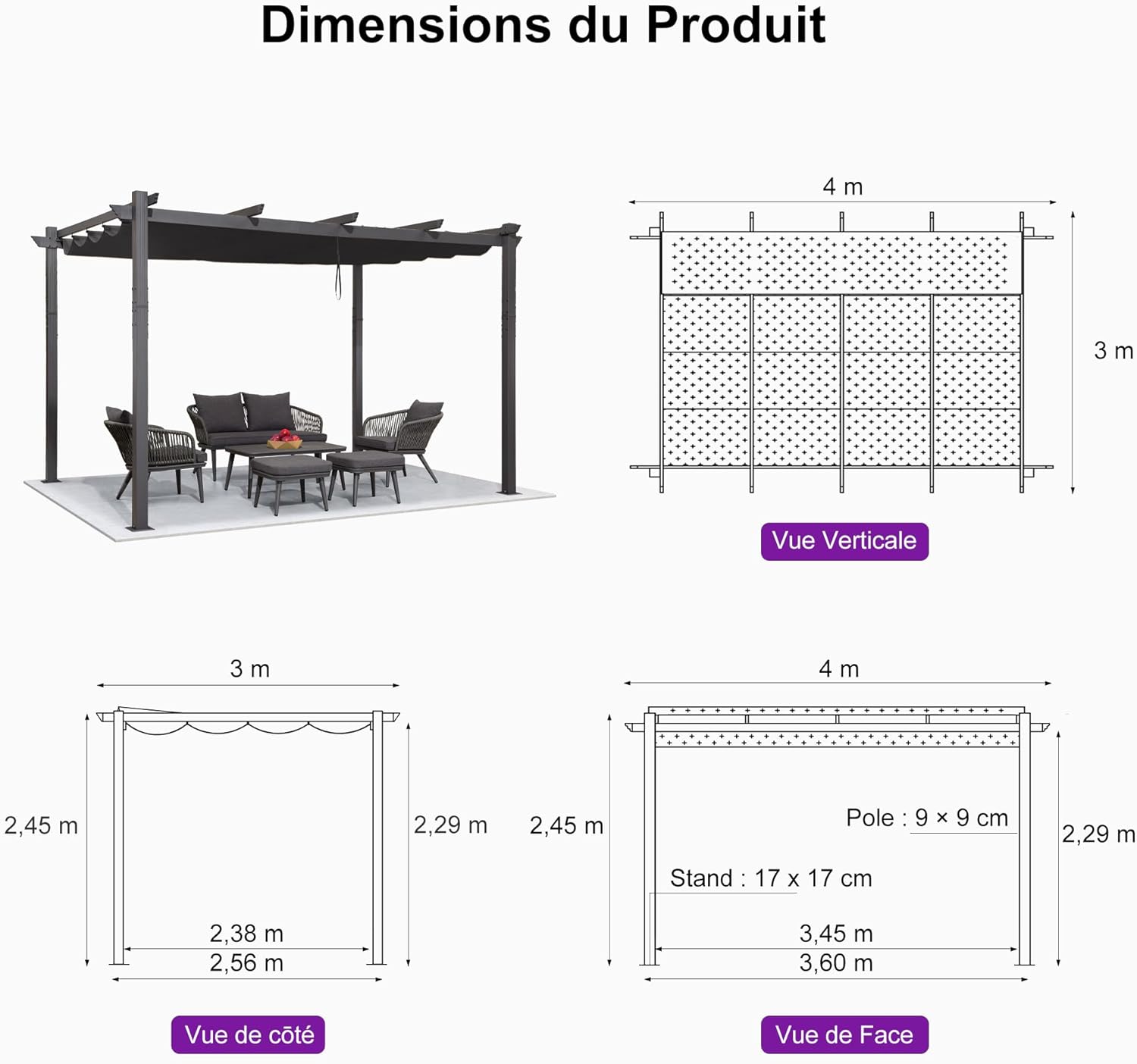 jardinito - pergola aluminium série 4x3m rideau toit coulissant gris