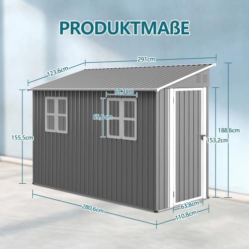 Abri en métal de 4 x 10 pieds avec kit de sol, toit en appentis avec double porte et 2 fenêtres, abri stable pour jardin, terrasse, cour, environ 1,2 x 3 m, gris