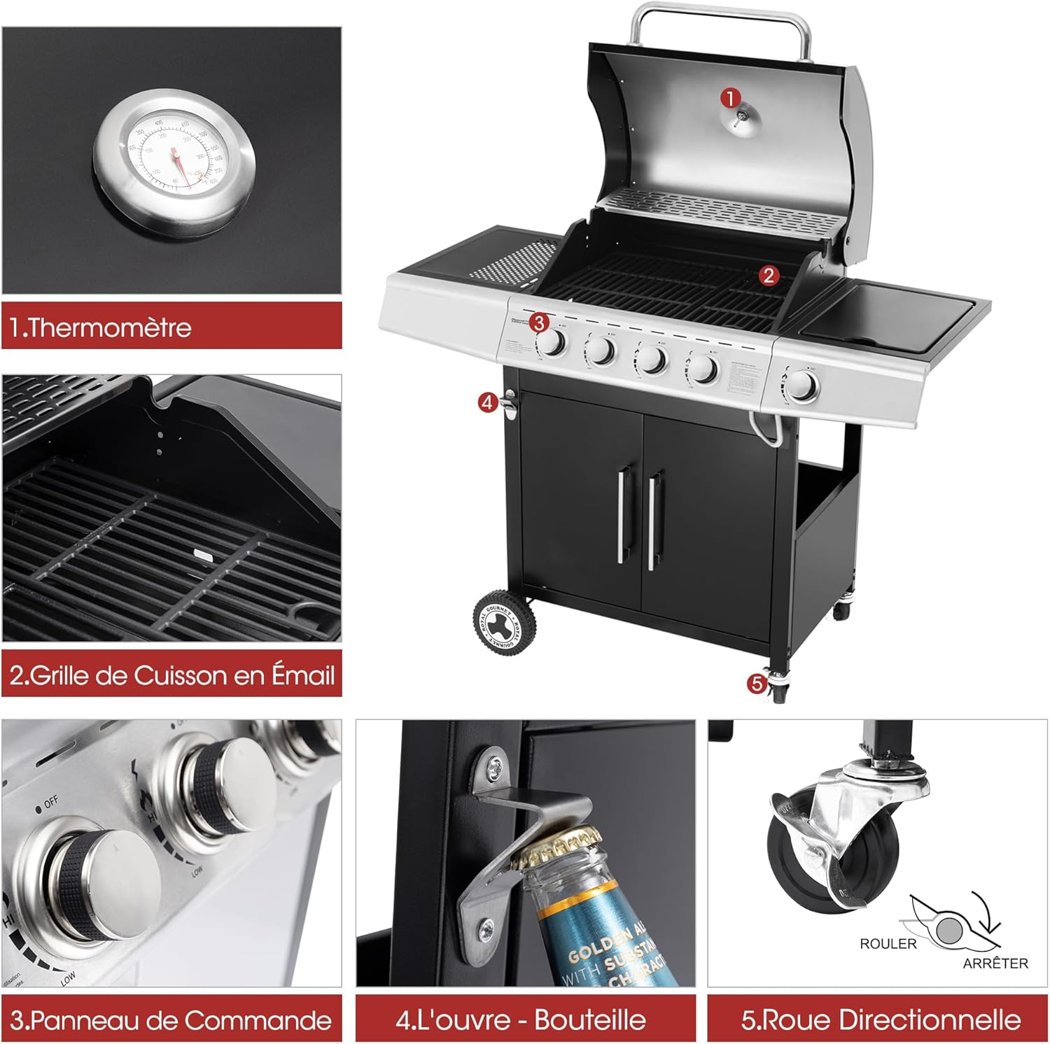 jardinito – Barbecue Série 4+1 – 14,5kW, inox, tablettes, 2 portes