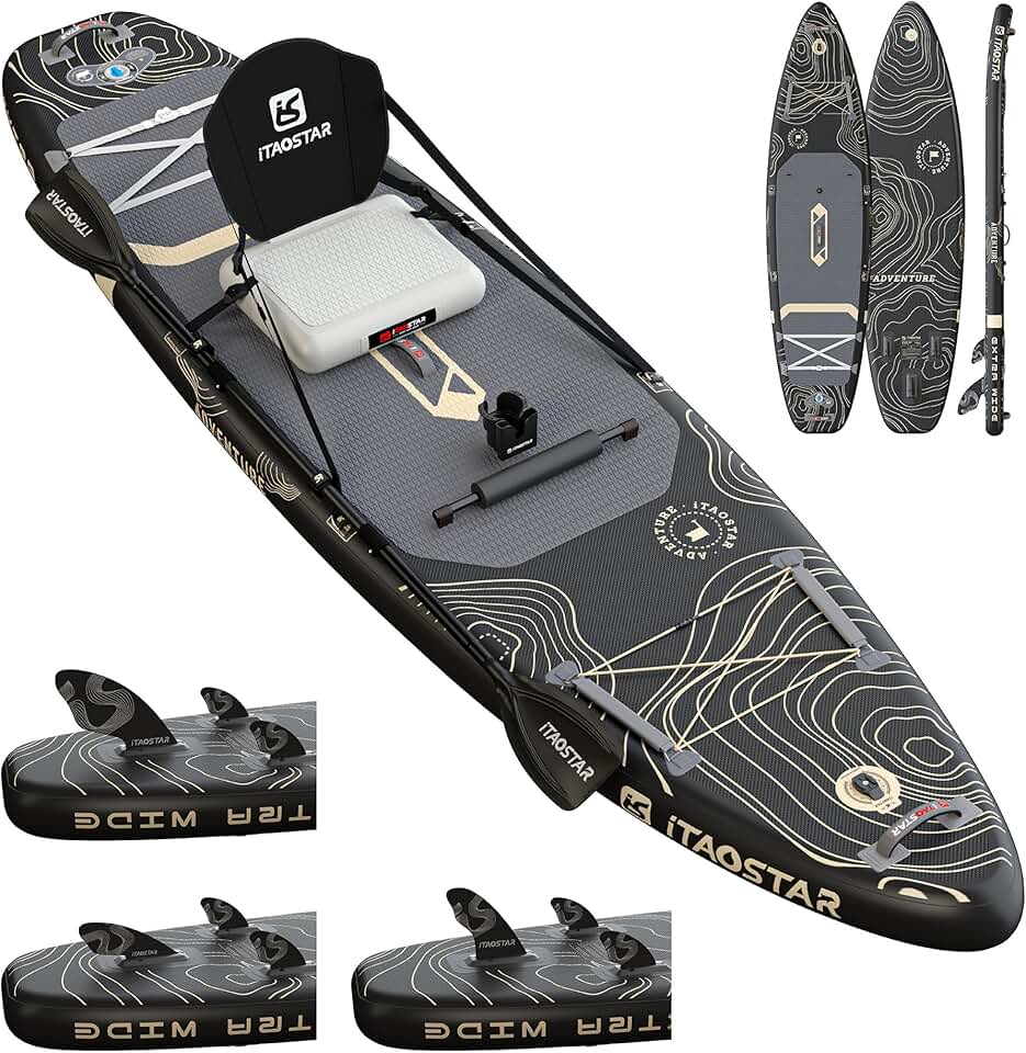 jardinito Adventure 365×88cm Planche de Paddle Extra Large avec siège, Accessoires Sup Haut de Gamme Tout-en-Un, 5 ailerons sur Mesure, Planches de Paddle gonflables Stables pour Adolescents/Adultes Global Recycled Standard