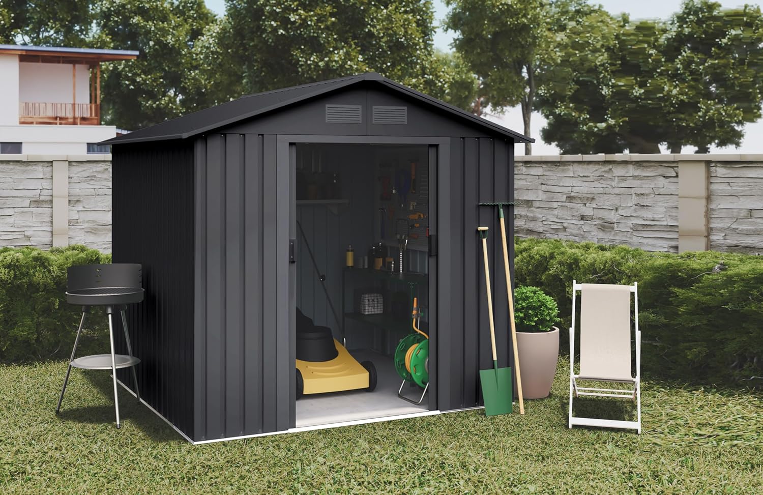 Abri de Jardin en métal 5,27m2 Light Anthracite - 261x202x202cm - 4 grilles - Double Porte coulissante - Rangement extérieur -