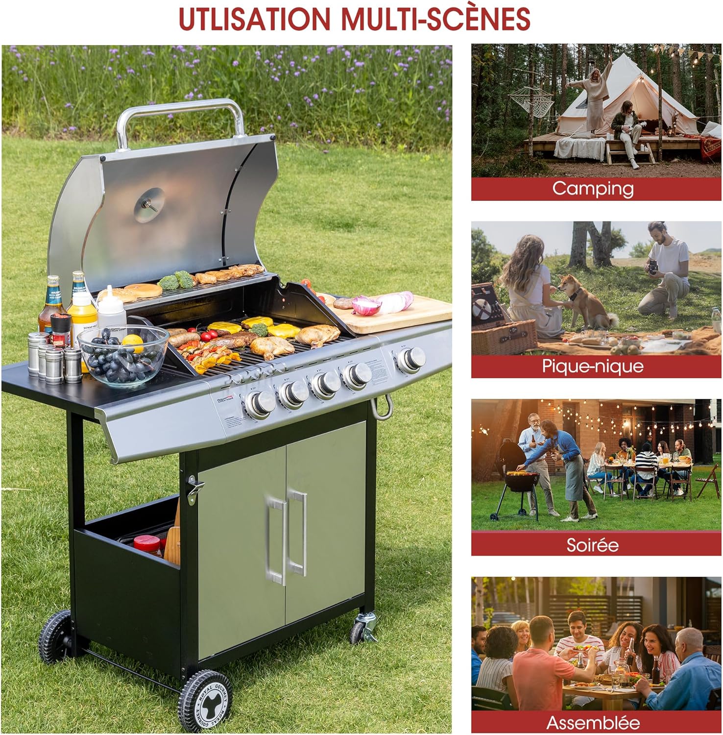 jardinito - Barbecue Gaz 4+1 brûleurs inox - 14,5kW - 2 portes, thermomètre, roues directionnelles