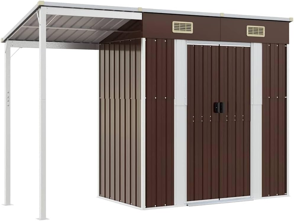 Abri de jardin avec toit prolongé marron 277x107x181 cm acier , Maison & jardin , Pelouses & jardins , Vie en extérieur , Structures extérieures , Cabanes & abris de jardin, Brun, (Poids 41.73KG)