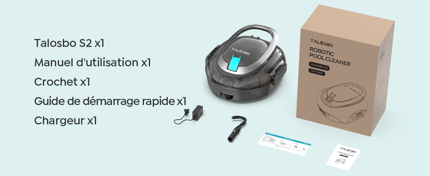 Le texte indique « jardinito S2 x1 », « Manuel d'utilisation x1 », « Guide de démarrage rapide x1 », « Crochet x1 », « Chargeur x1 ». Disposition du contenu de l'emballage du produit avec un aspirateur robotique.