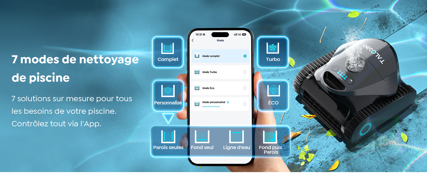 Le texte indique « 7 modes de nettoyage de piscine ». Interface teintée en bleu montrant les sélections du mode de nettoyage de la piscine avec des icônes.