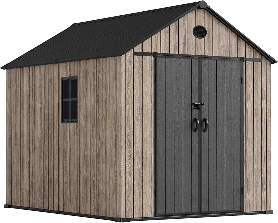 jardinito Abri de jardin en résine 6,41 m² Oak O60 - Sol inclus - Fenêtre latérale - Aspect bois premium - Double porte large - Protection UV et imperméable - Fermeture par goupille - Ventilations