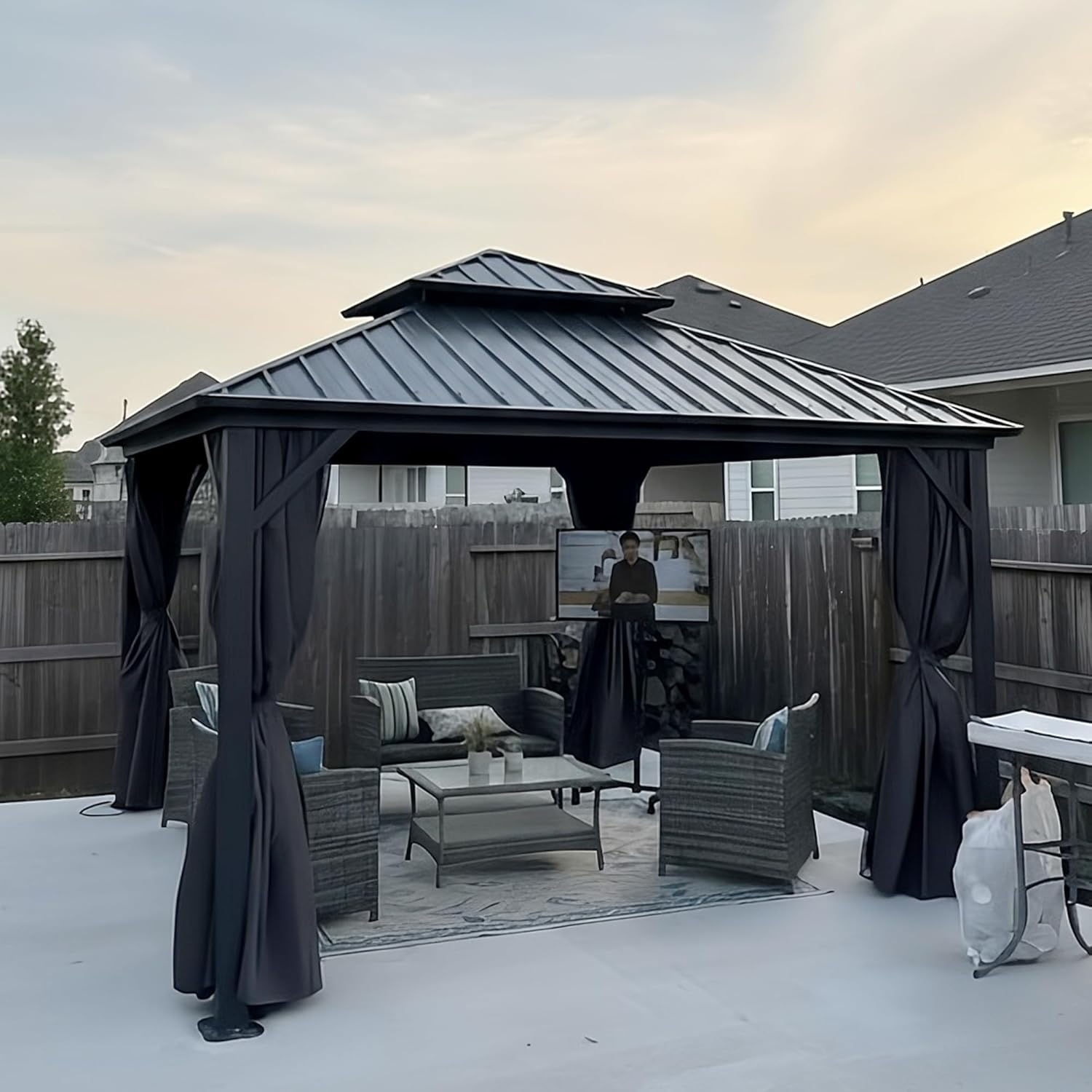 jardinito - Pavillon jardin double toit alu 3,65x3,65m, rideaux, moustiquaire