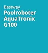 Le texte se lit comme suit : « jardinito Poolroboter AquaTronix G100 ». Fond turquoise avec mise en page publicitaire de produit en texte blanc.