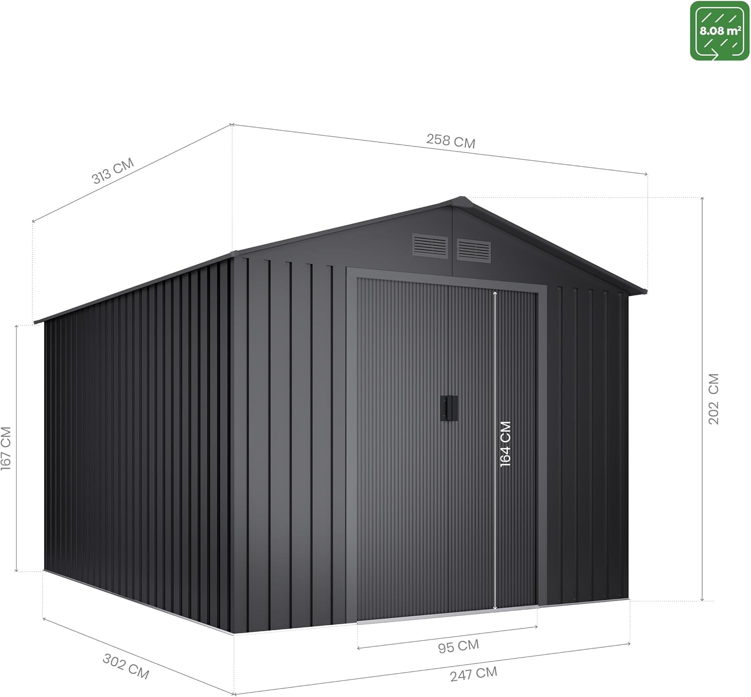 Abri de jardin métal Light Anthracite 258x313x202cm double porte 4 grilles