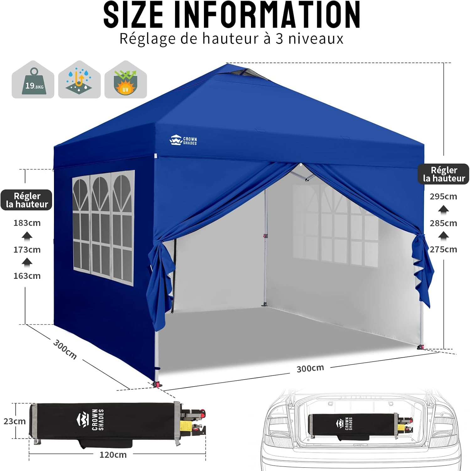 jardinito - tonnelle pliante 3x3m - imperméable, UPF 50+, 4 parois amovibles
