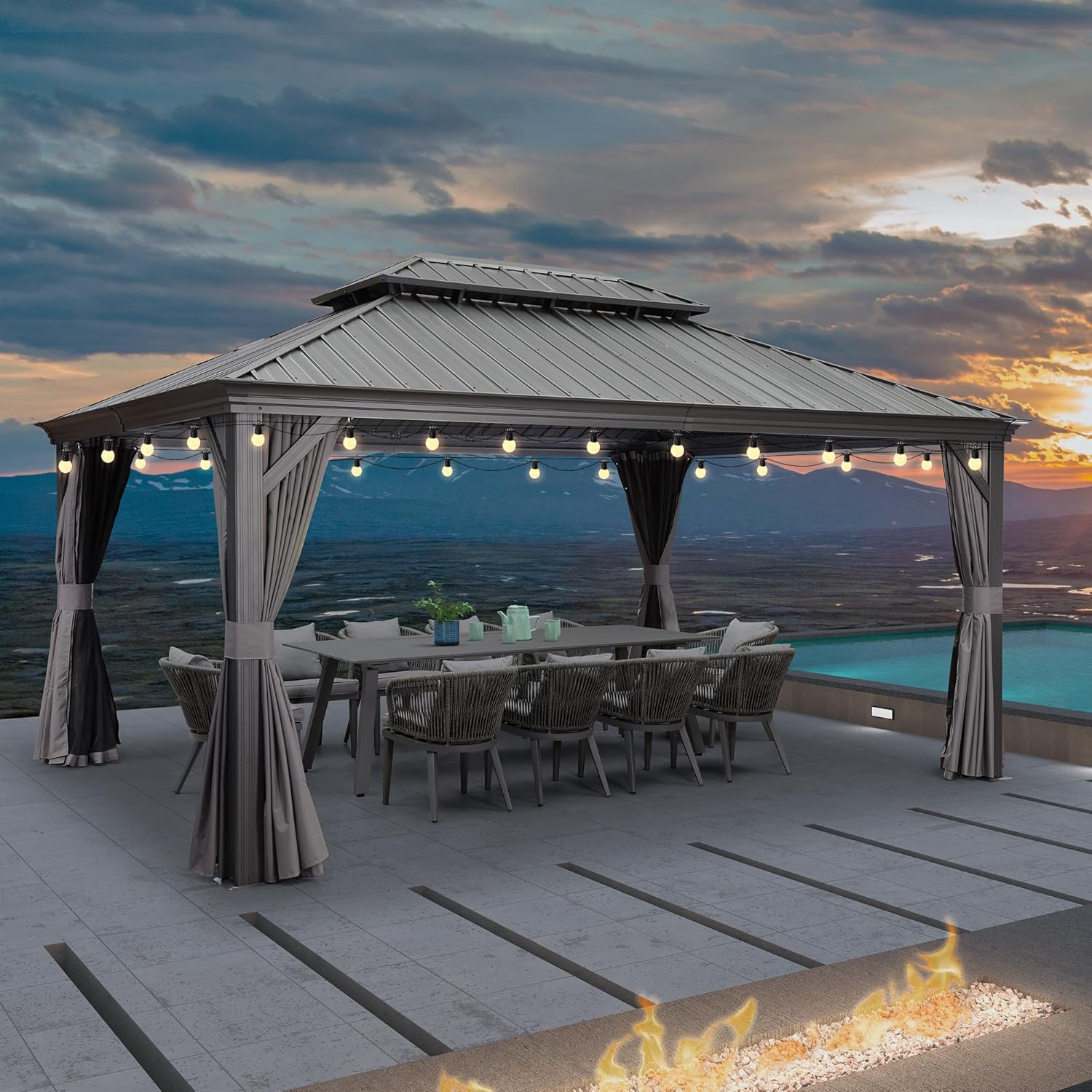 jardinito - tonnelle aluminium série - 4,85x3,65m - éclairage intégré, rideaux moustiquaires, gouttière, gris