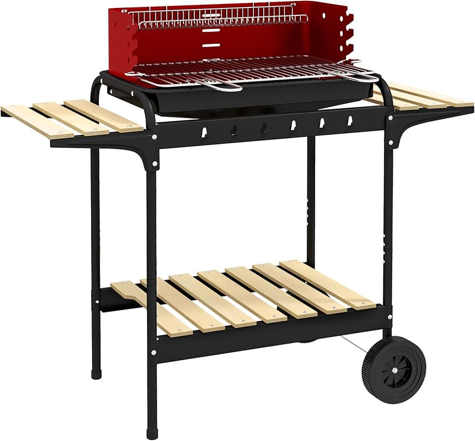 jardinito - barbecue à charbon sur pied - 103x47x95cm - gril réglable, 2 roues, 3 étagères, bac à cendres