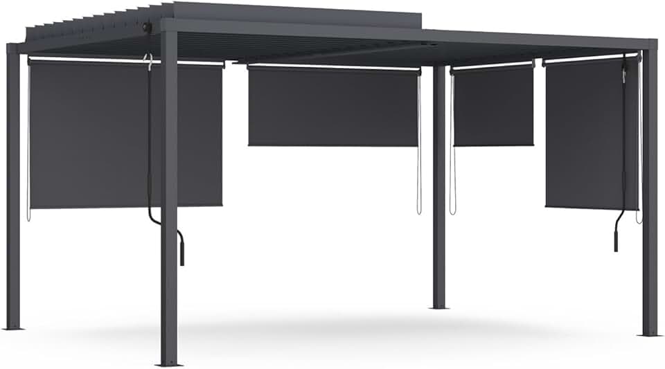 jardinito - Pergola bioclimatique acier 3x4m, 4 stores, gris anthracite