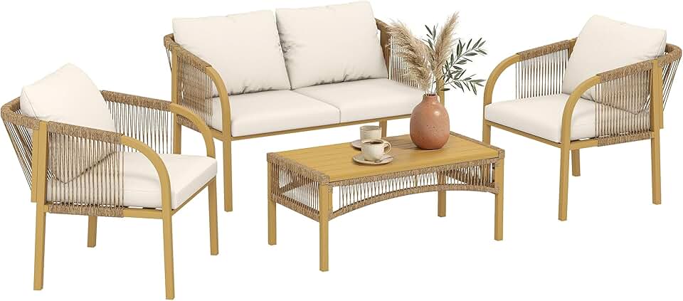 jardinito - Salon de jardin 4 pcs - canapé 2 places, coussins, table basse, plateau acier imitation bois - kaki