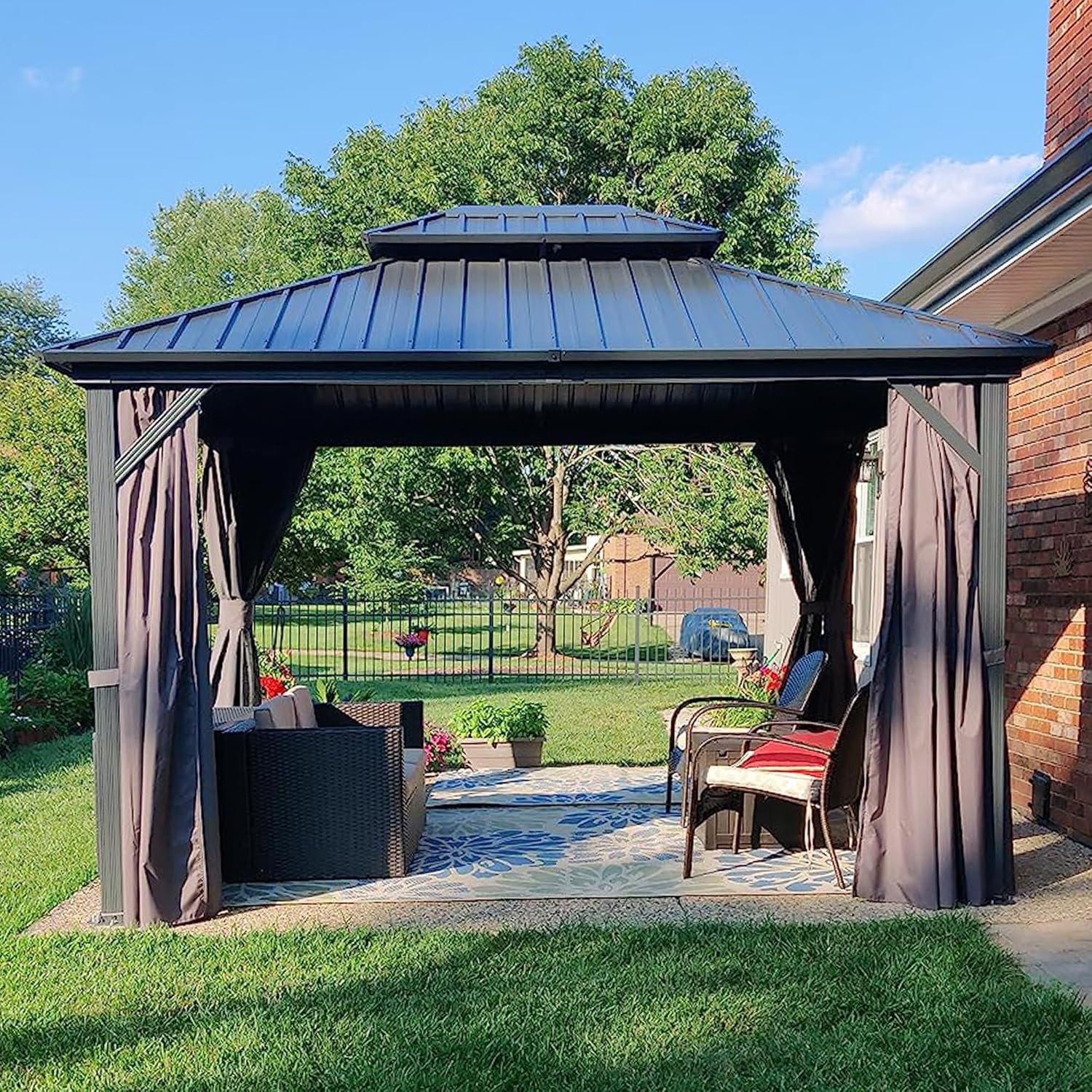 jardinito - Pergola aluminium double toit 3,65x3m rideaux moustiquaire