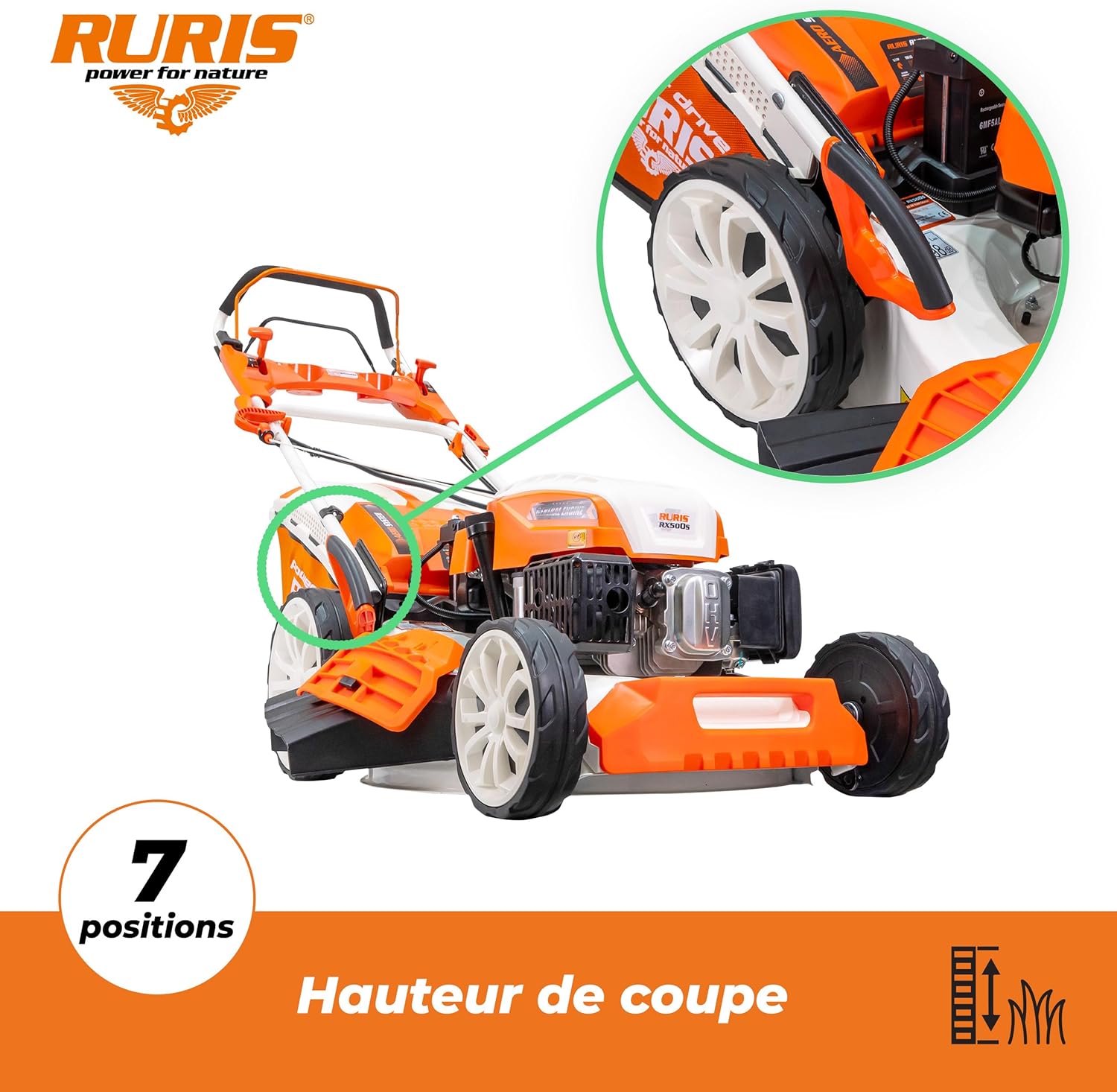 jardinito Tondeuse à Gazon Thermique 5 en 1 Mulching 5,7 CV 196cc RX500S, Orange
