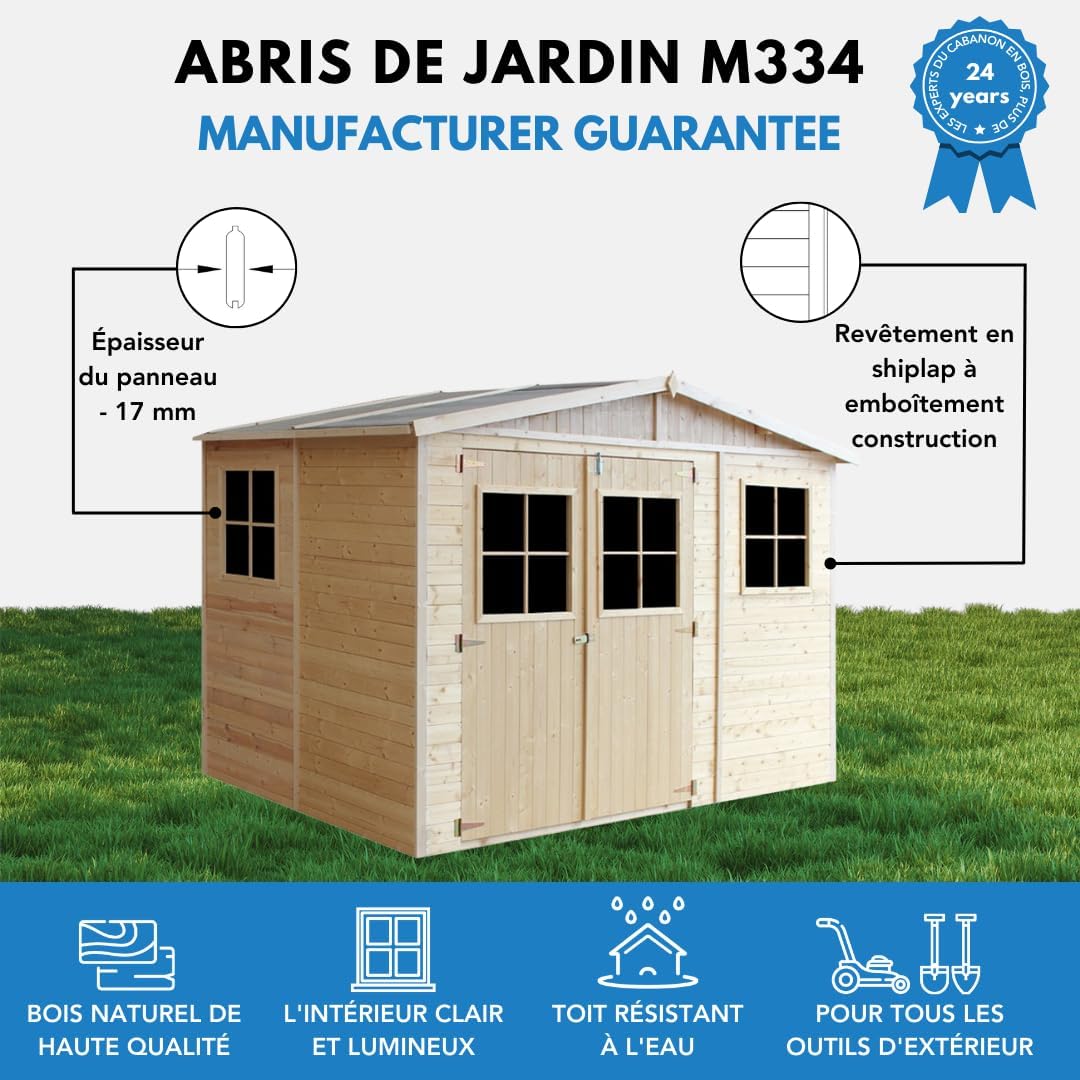 Abri de Jardin en Bois Exterieur avec Les PLANCHERS IMPRÉGNÉ- Cabane de Jardin en Pin/épicéa-H226x324x216 cm/6m2- Construction de Panneaux- Rangement pour vélos, Remise à Outils- jardinito M334+M334G