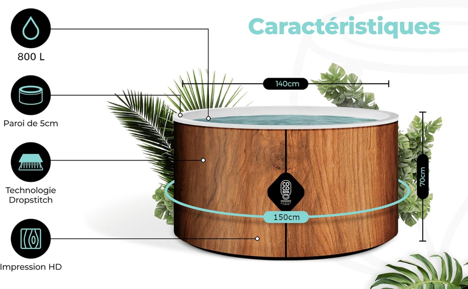 jardinito - Spa Gonflable 150 cm - 800 L - 140 jets - 2240 W
