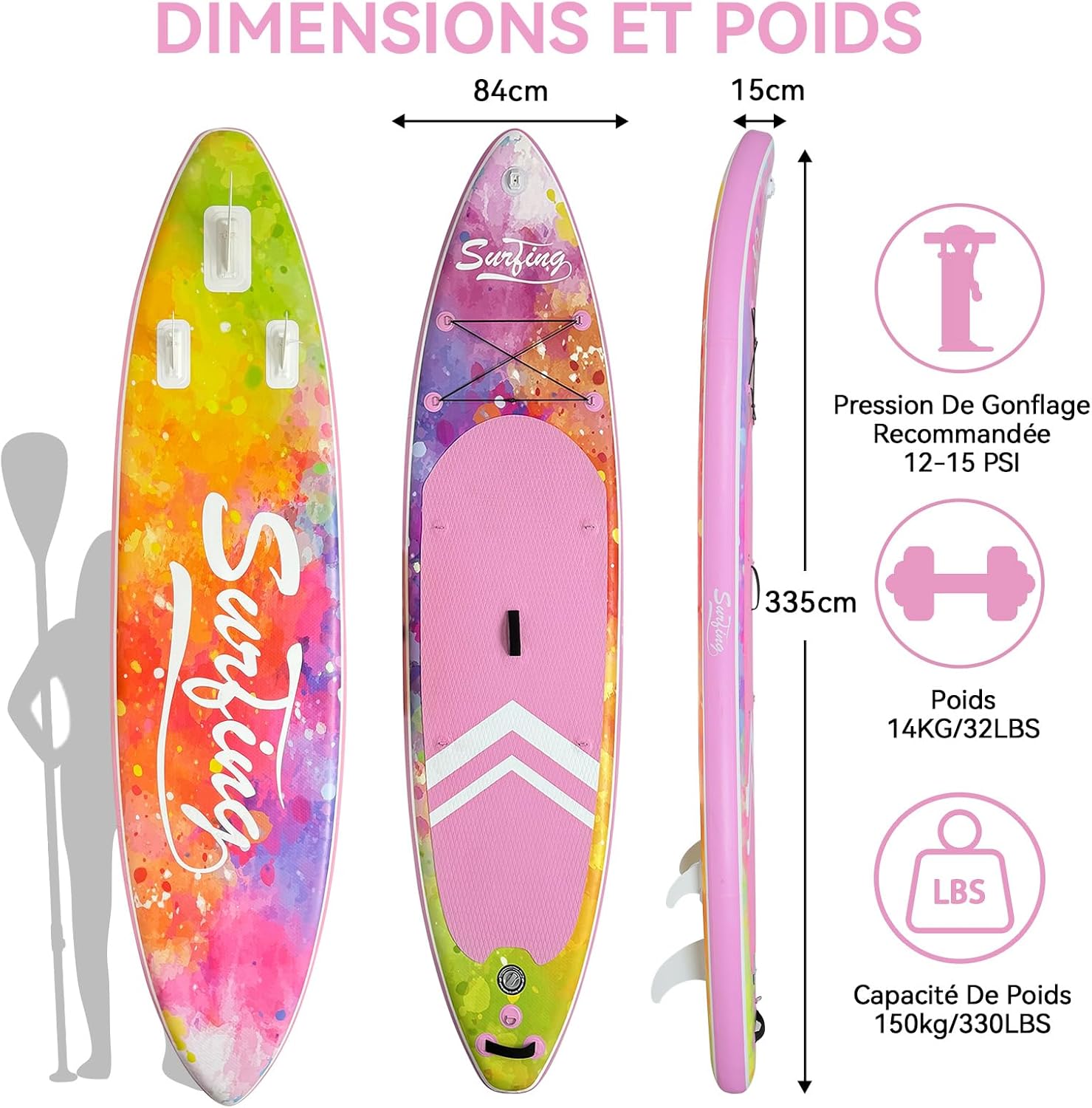 jardinito - Paddle gonflable 320/335cm - 2 pers, siège kayak, 150kg